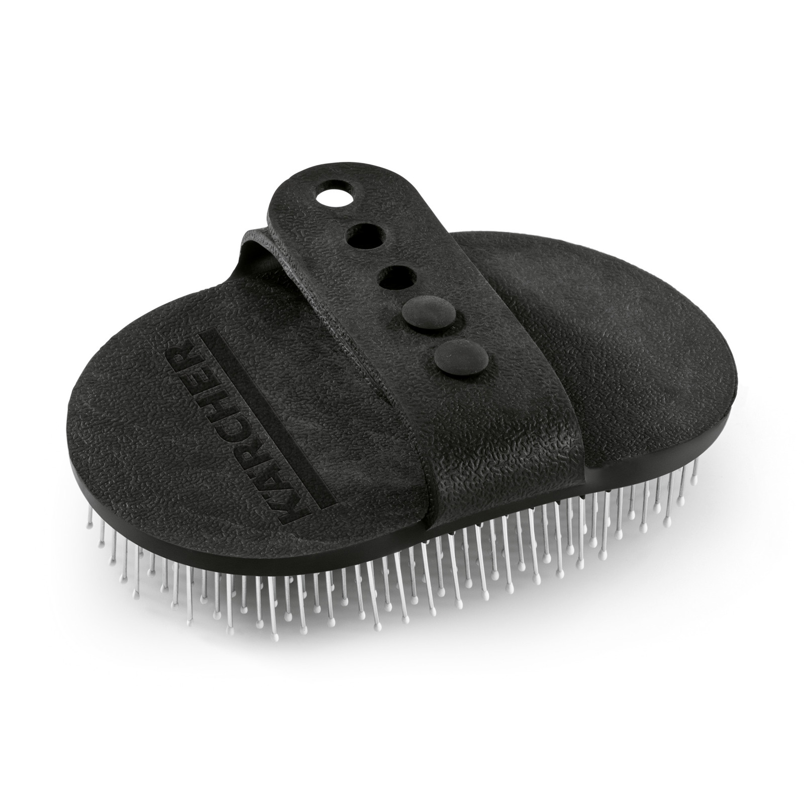 Black Kärcher pet grooming brush with metal bristles and textured handle, featuring three button-like details. Black Kärcher pet grooming brush with metal bristles and textured handle, featuring three button-like details.