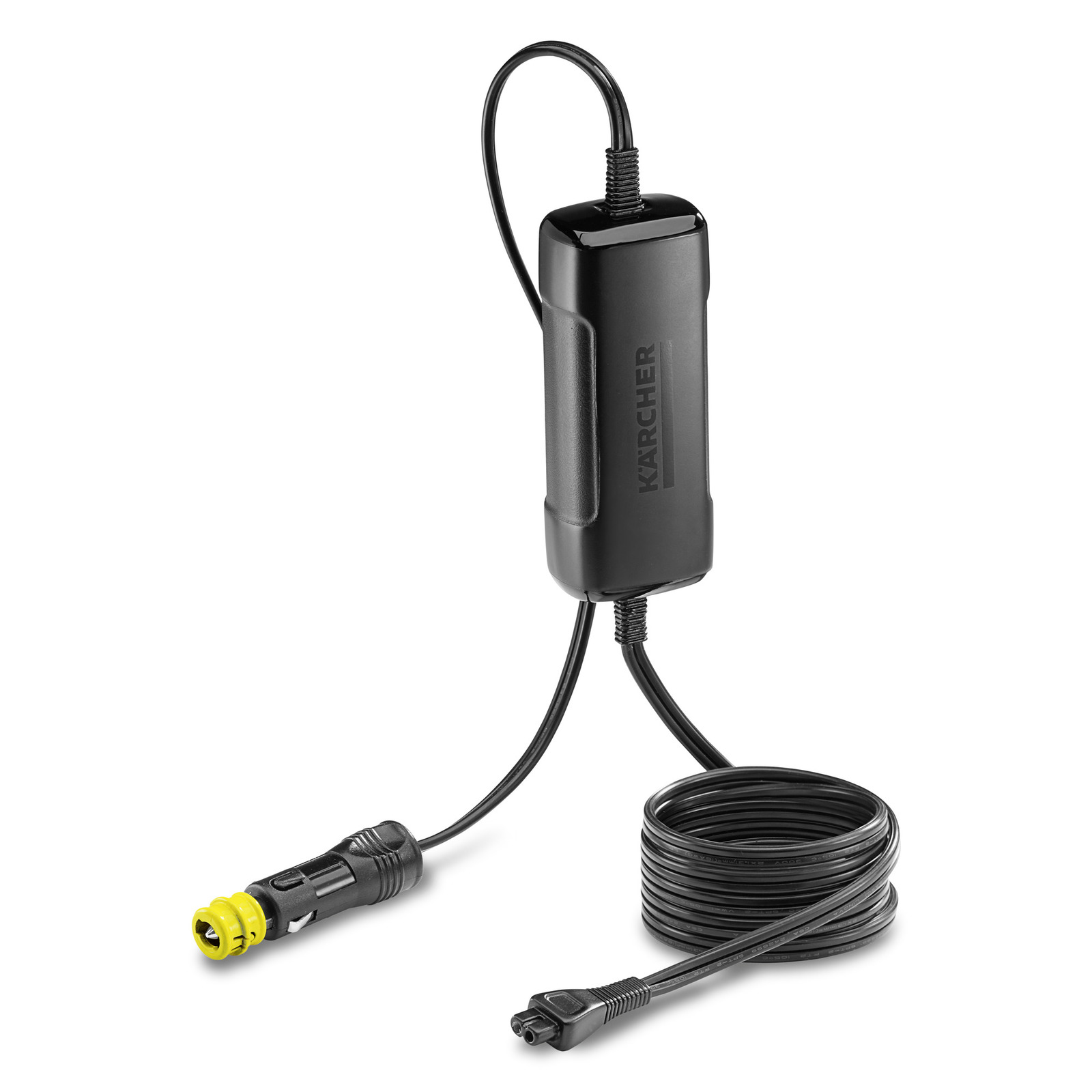 Kärcher power adapter with coiled black cable and yellow connector on white background. Kärcher power adapter with coiled black cable and yellow connector on white background.