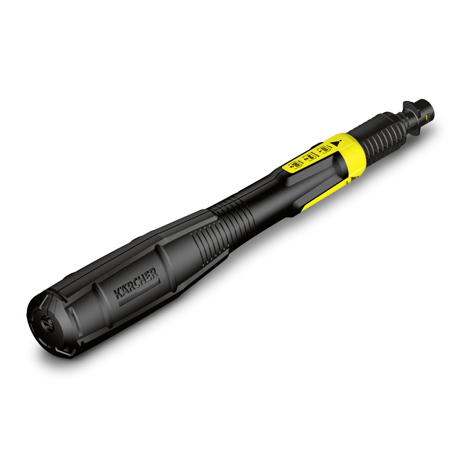 Kärcher high-pressure cleaner lance with black and yellow design, featuring grip texture and adjustment controls. Kärcher high-pressure cleaner lance with black and yellow design, featuring grip texture and adjustment controls.