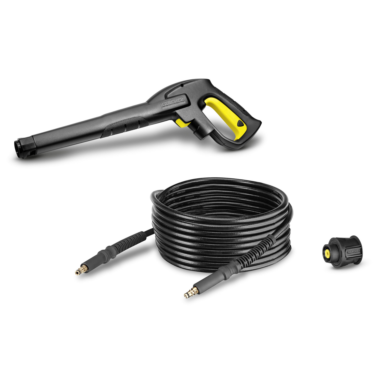 Kärcher high-pressure cleaner gun, coiled hose, and nozzle adapter on a white background. Kärcher high-pressure cleaner gun, coiled hose, and nozzle adapter on a white background.