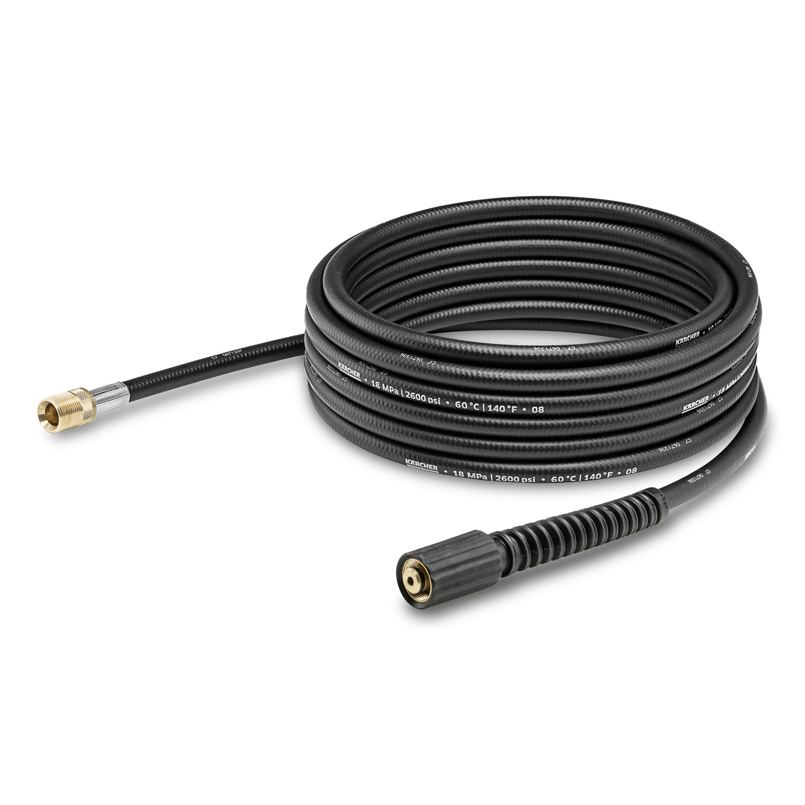 Coiled Kärcher high-pressure hose with black rubber exterior and brass connector. Coiled Kärcher high-pressure hose with black rubber exterior and brass connector.