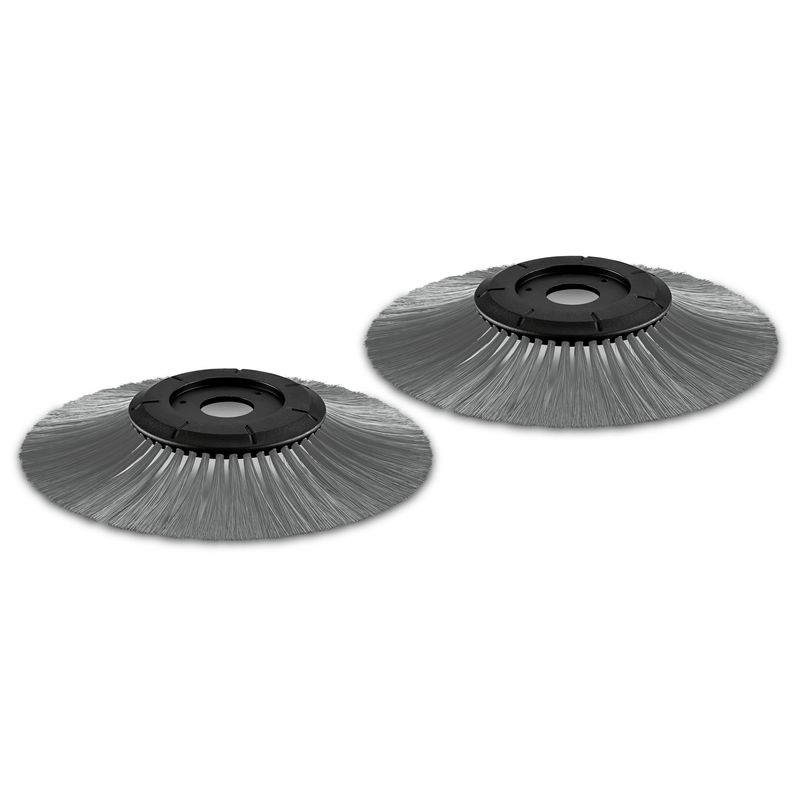 Two circular brush attachments with grey bristles and black centres, designed for Kärcher cleaning equipment. Two circular brush attachments with grey bristles and black centres, designed for Kärcher cleaning equipment.
