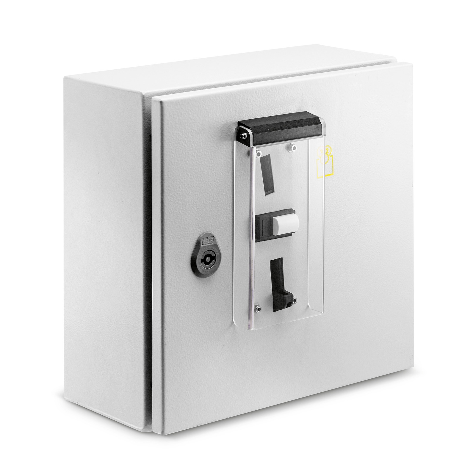 White metal control box with a lock and transparent cover, featuring black levers and a white switch. White metal control box with a lock and transparent cover, featuring black levers and a white switch.
