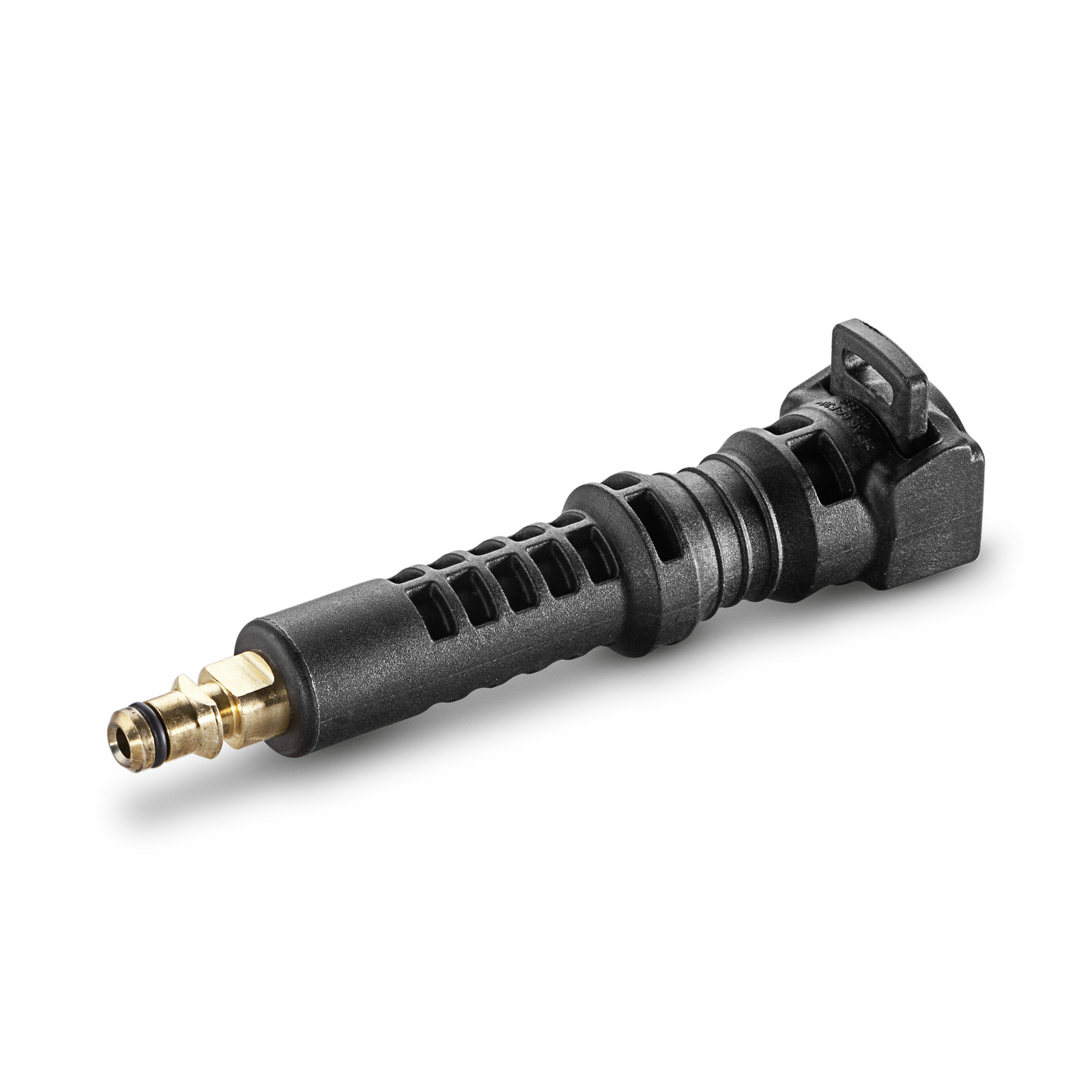 Kärcher high-pressure cleaner adapter with black plastic body and brass connector, isolated on white background.