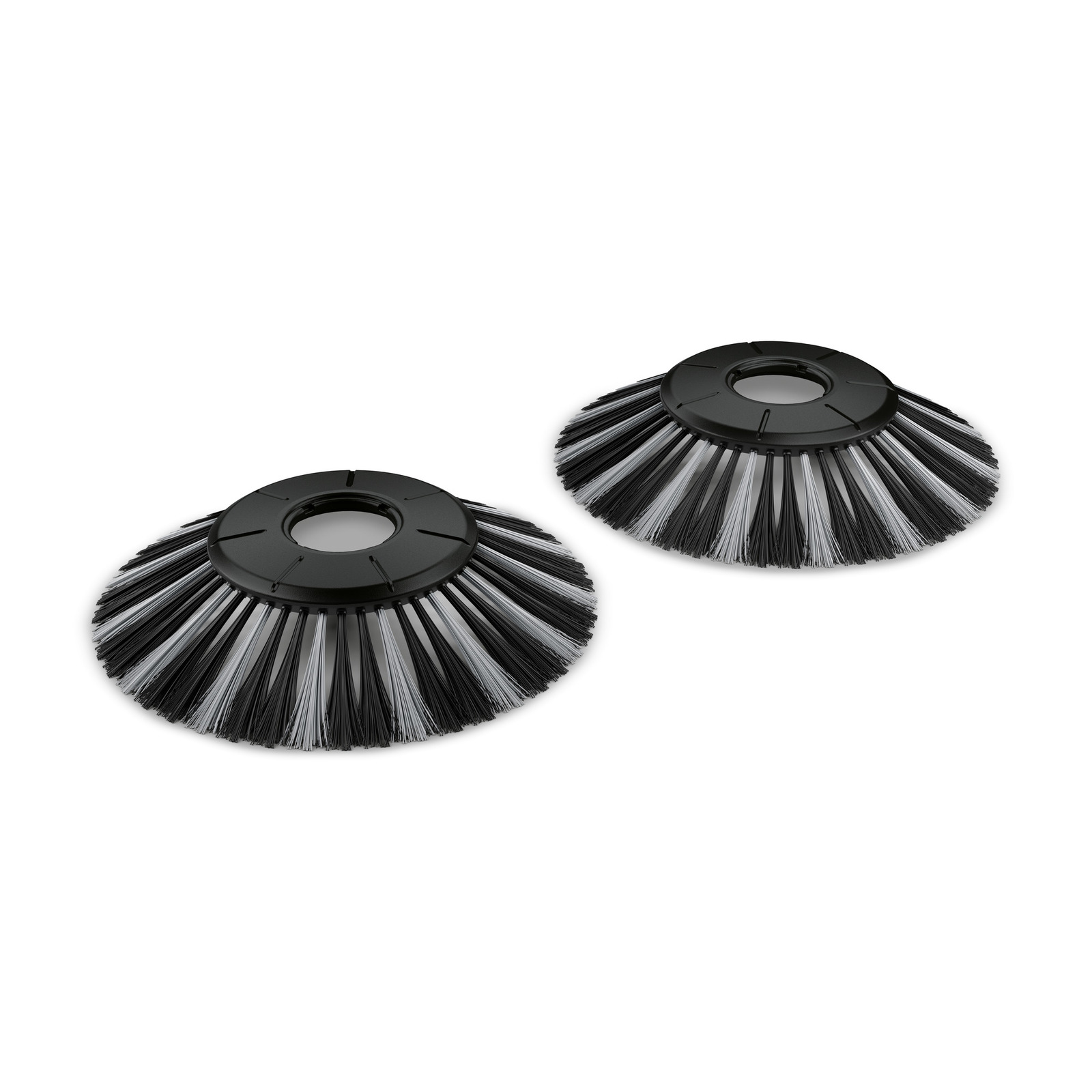 Two circular brush attachments with black and white bristles, designed for Kärcher cleaning equipment, placed on a white background. Two circular brush attachments with black and white bristles, designed for Kärcher cleaning equipment, placed on a white background.