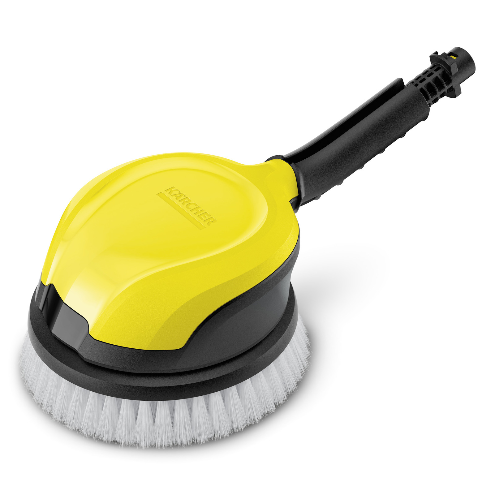 Yellow Kärcher rotating wash brush with white bristles and black handle, designed for cleaning surfaces.