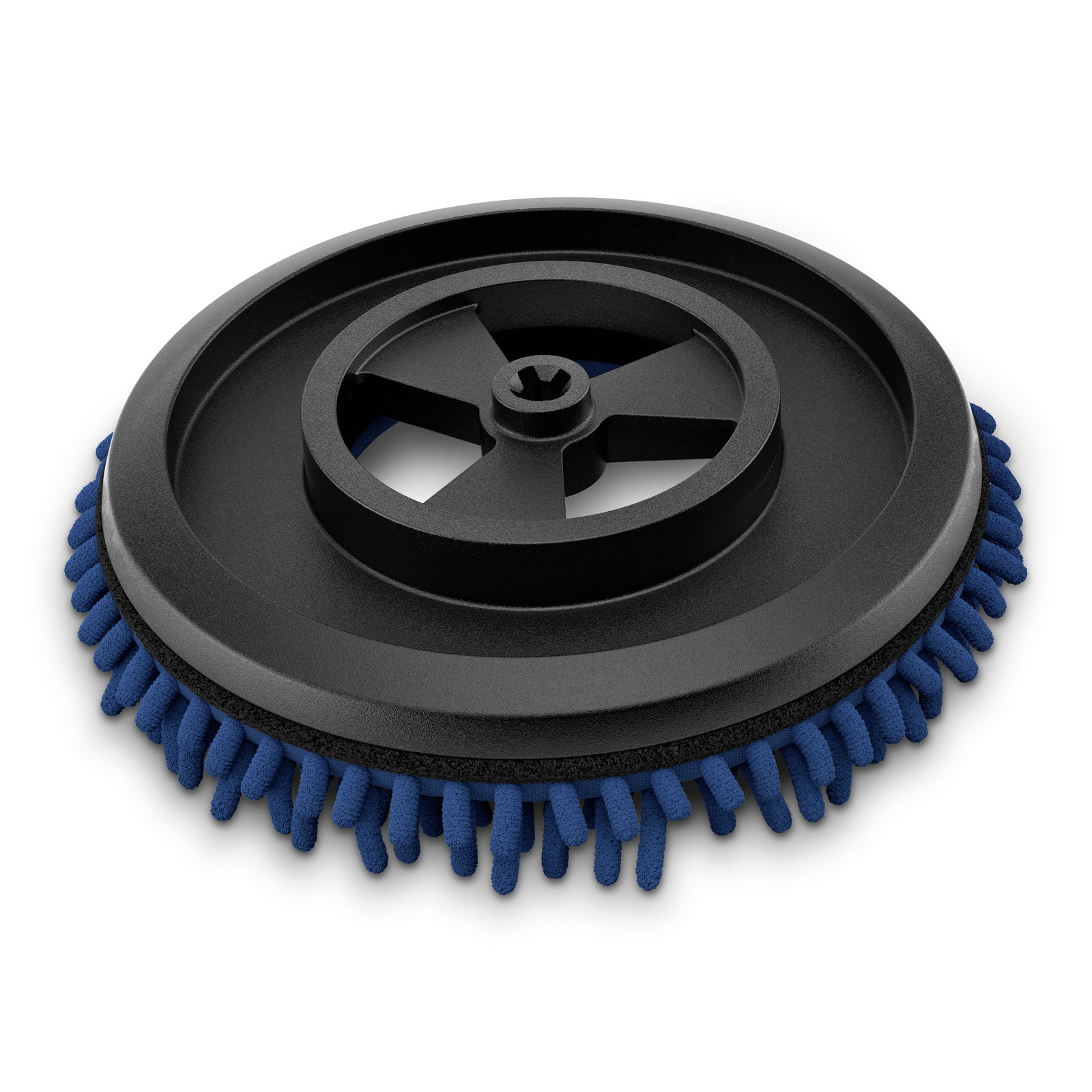 Black circular brush attachment with blue bristles, designed for cleaning equipment. Black circular brush attachment with blue bristles, designed for cleaning equipment.