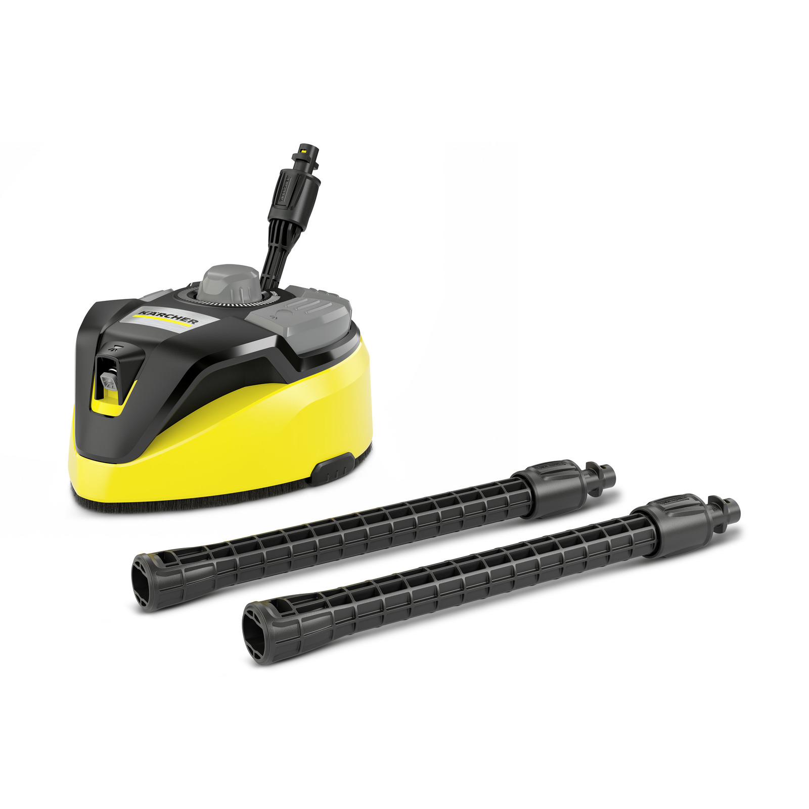 Kärcher surface cleaner with two black extension tubes, featuring a yellow and black design. Kärcher surface cleaner with two black extension tubes, featuring a yellow and black design.