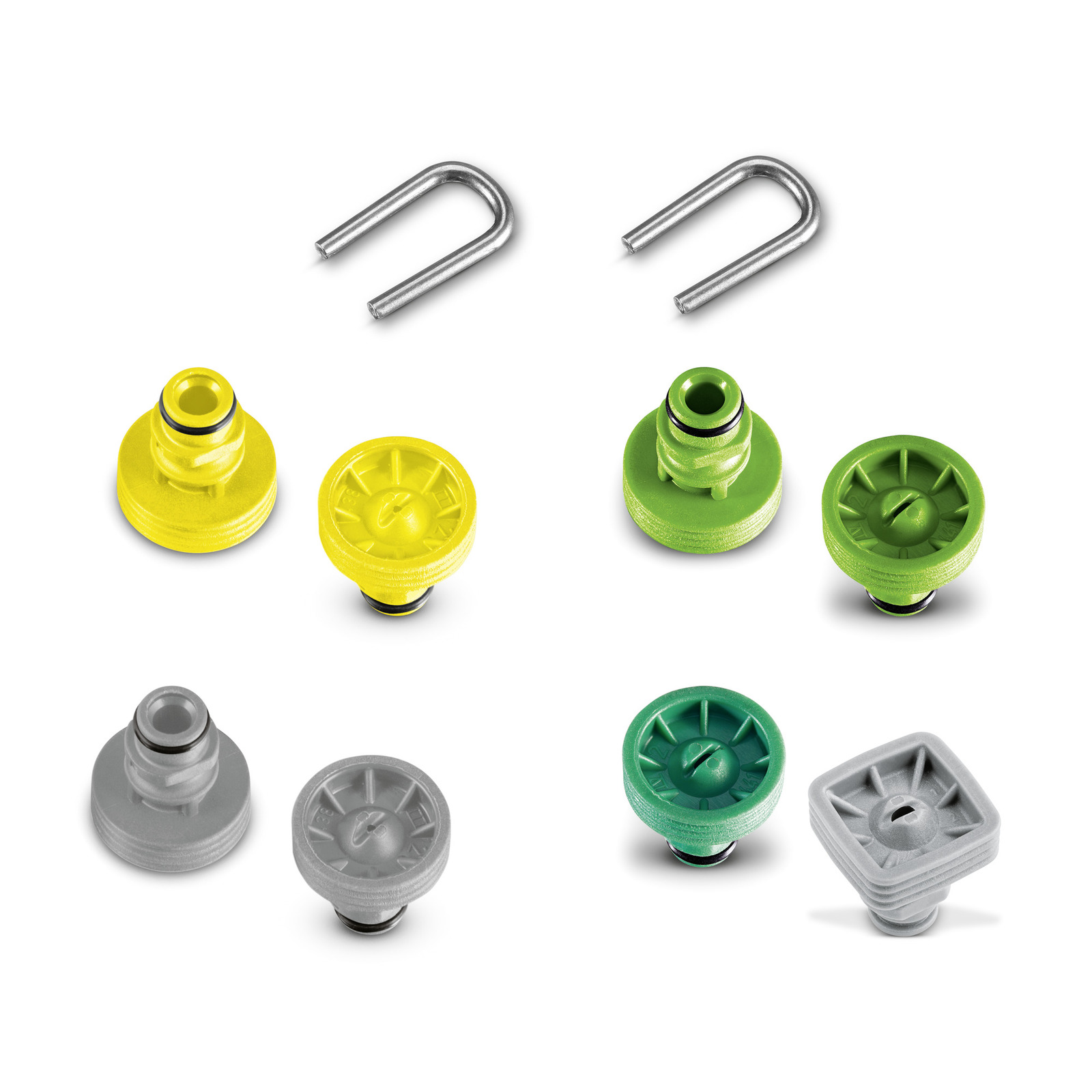 Various Kärcher nozzles in yellow, green, and grey, with two metal U-shaped clips on a white background.