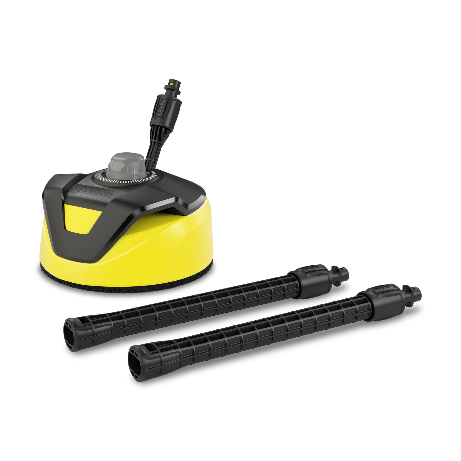 Kärcher surface cleaner with two black extension tubes, featuring a yellow and black design. Kärcher surface cleaner with two black extension tubes, featuring a yellow and black design.