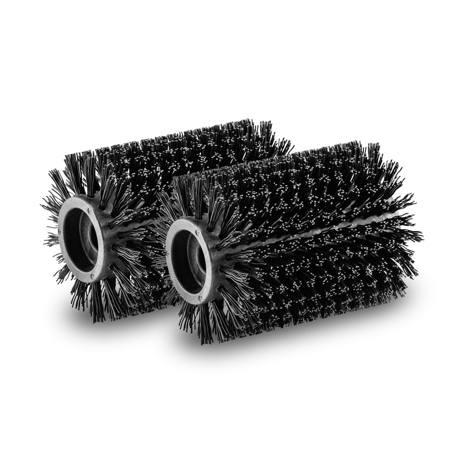 Two cylindrical black brush rollers with dense bristles, positioned side by side on a white background. Two cylindrical black brush rollers with dense bristles, positioned side by side on a white background.