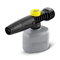 Kärcher foam nozzle with a grey detergent container and black nozzle, featuring a yellow adjustment dial.