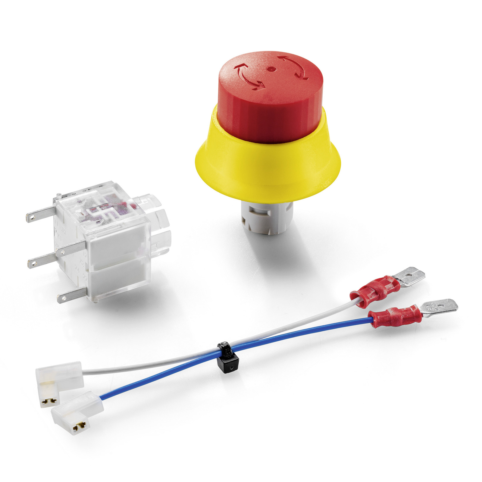 Red emergency stop button with yellow base, clear relay switch, and blue and white wires with red connectors on a white background. Red emergency stop button with yellow base, clear relay switch, and blue and white wires with red connectors on a white background.