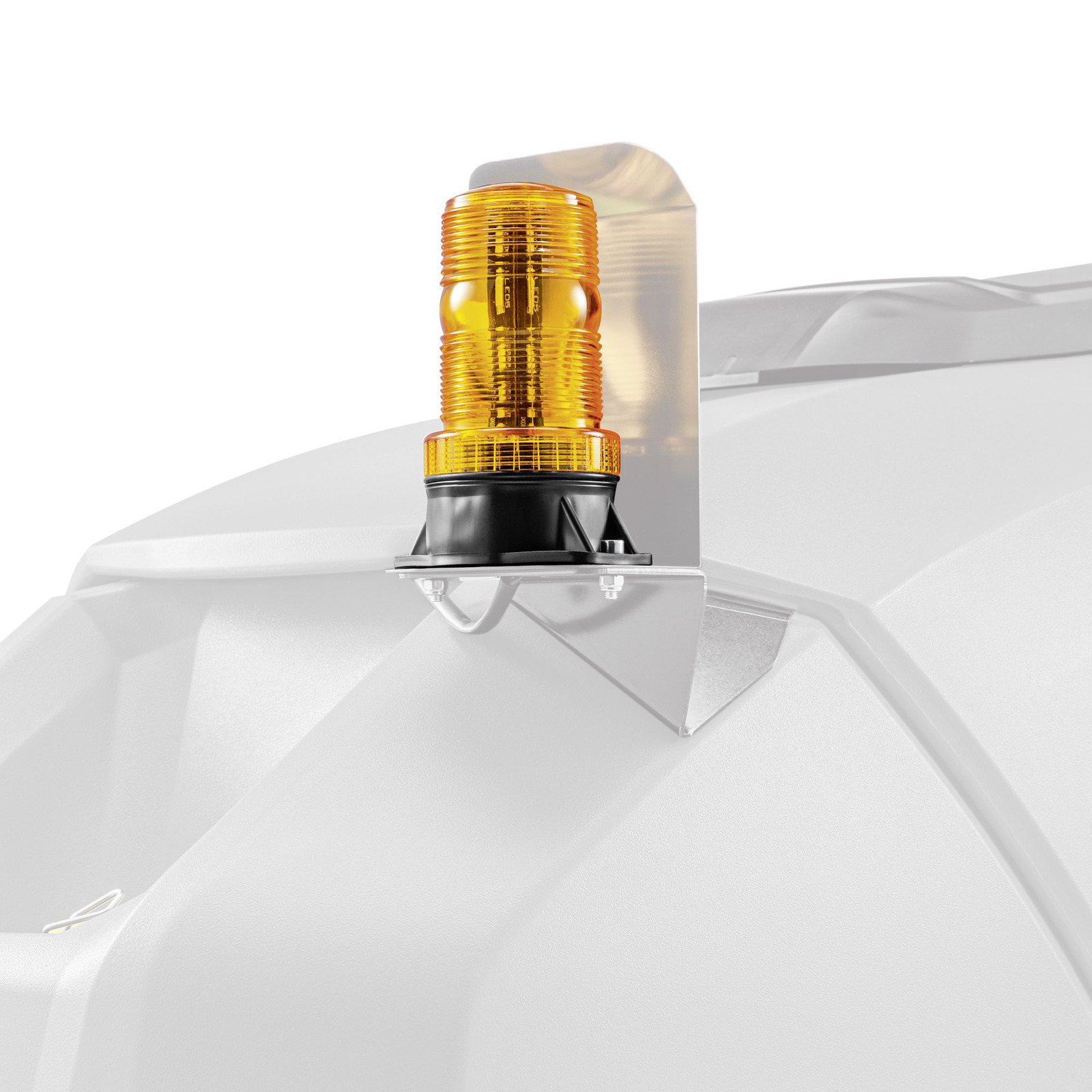 Amber warning light mounted on a grey industrial machine with angular design. Amber warning light mounted on a grey industrial machine with angular design.