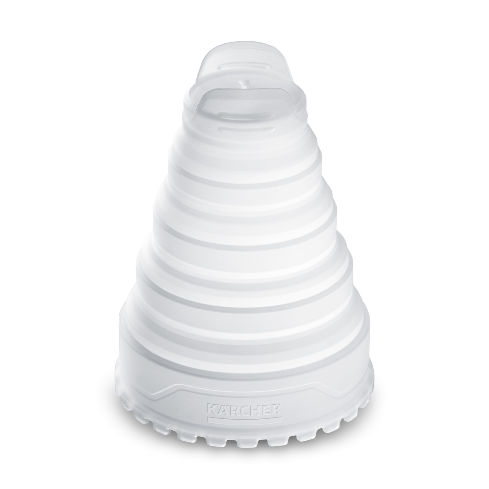 White Kärcher funnel with a ribbed design, featuring a handle at the top and the Kärcher logo at the base.