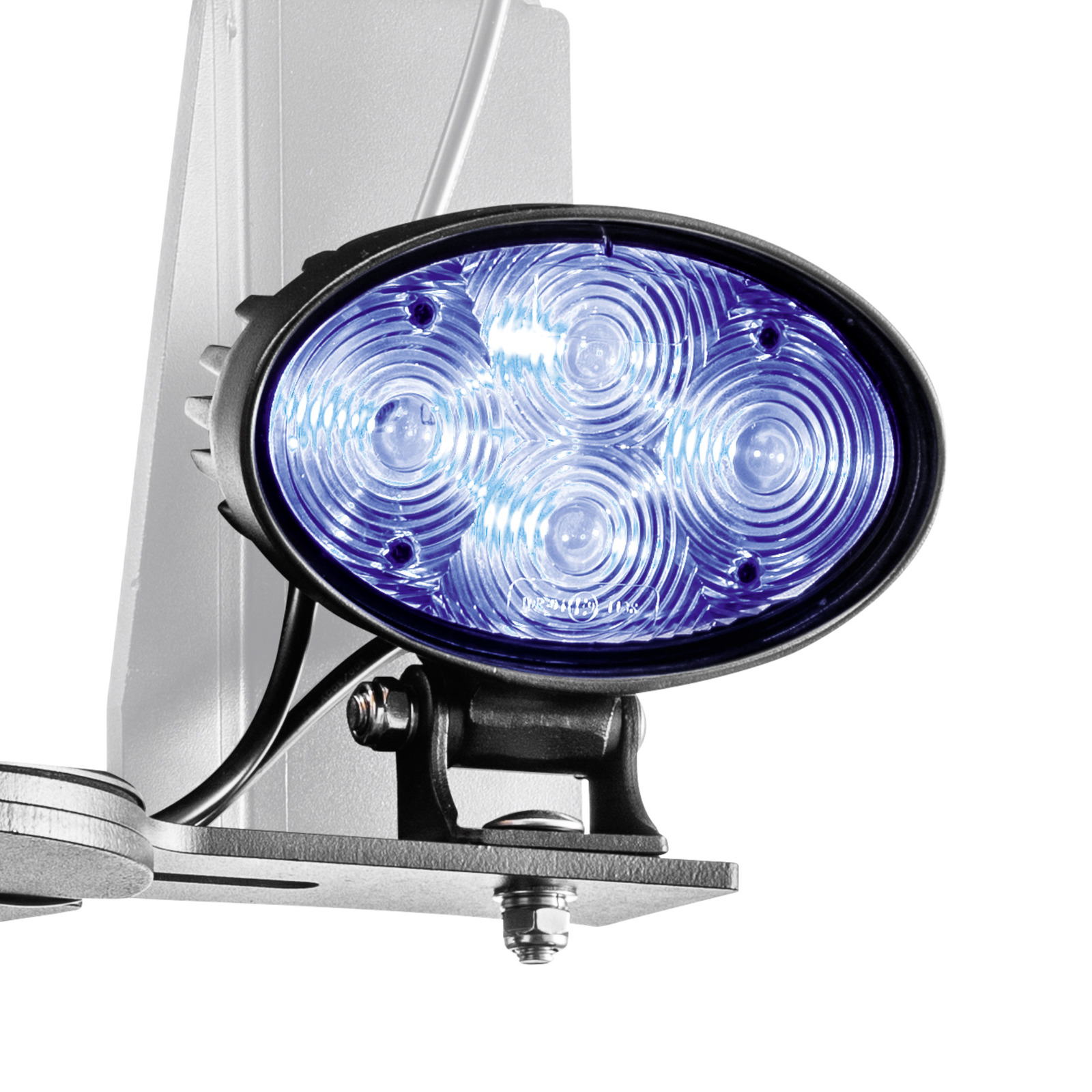 Oval-shaped blue LED light mounted on a metal bracket, featuring concentric circle patterns on the lens.