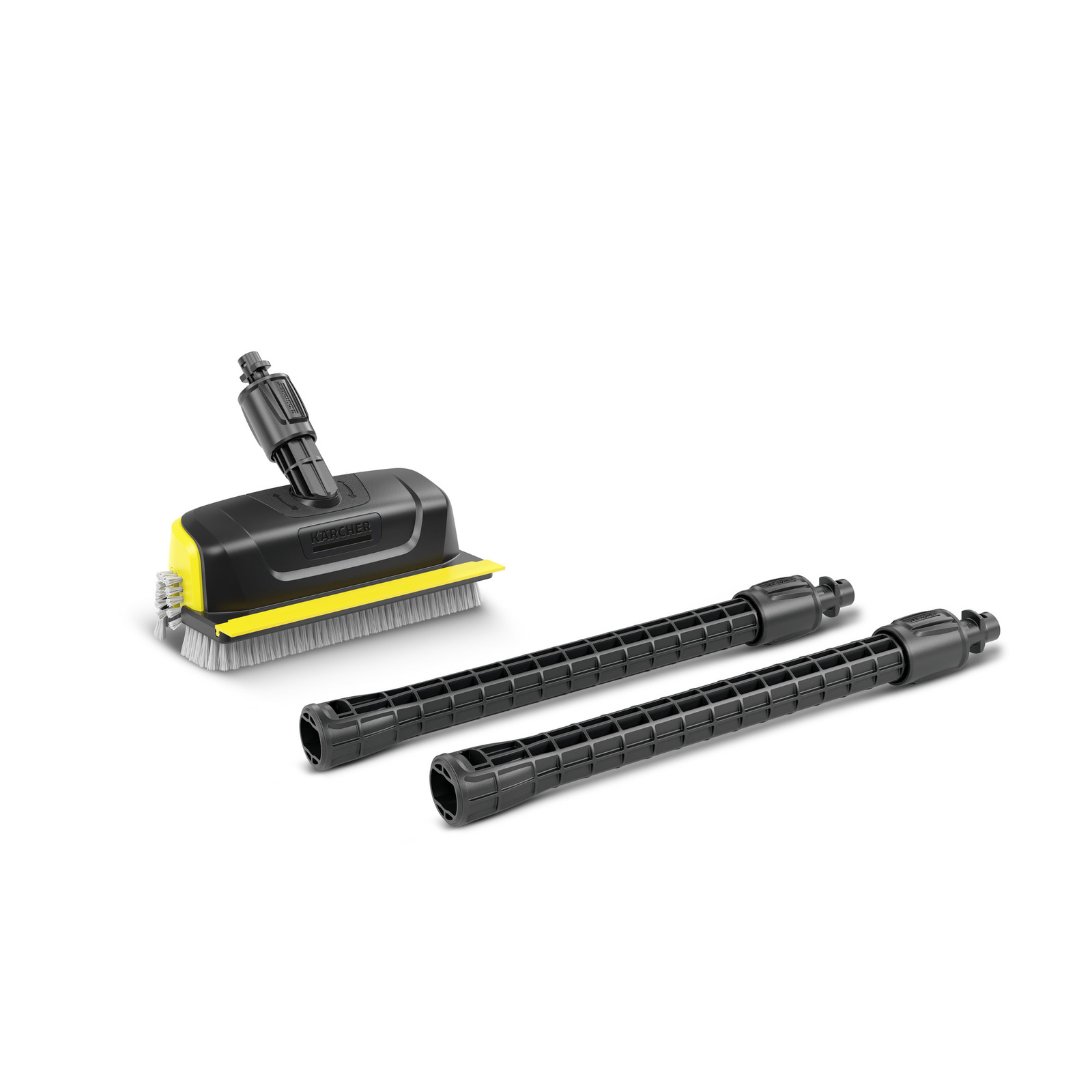 Kärcher surface cleaner with two extension tubes, featuring a yellow and black design with bristles.