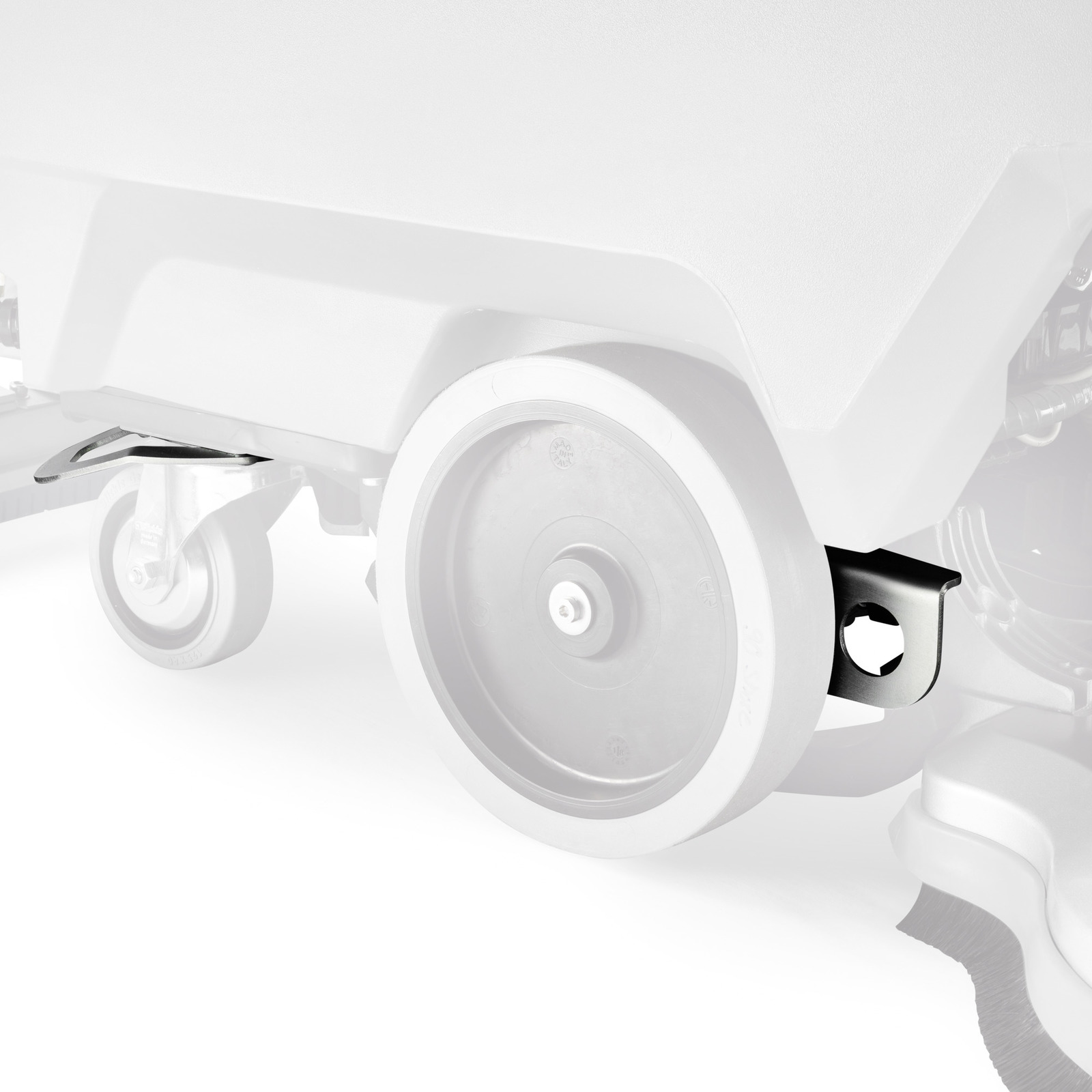 Close-up of a large wheel and metal bracket on a Kärcher cleaning machine, with a smaller caster wheel visible in the background. Close-up of a large wheel and metal bracket on a Kärcher cleaning machine, with a smaller caster wheel visible in the background.