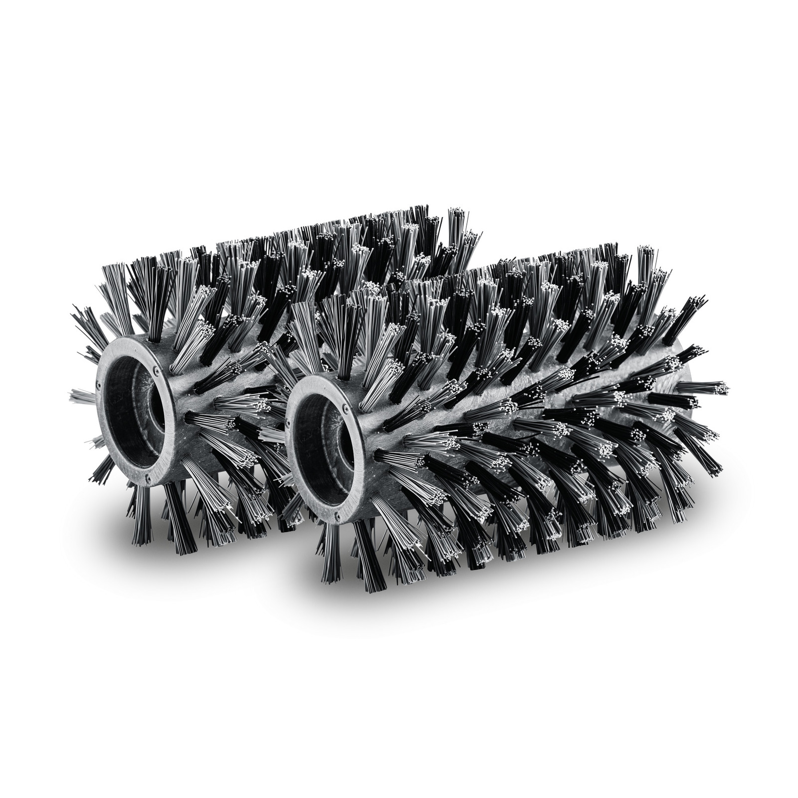 Two cylindrical Kärcher brushes with dense black bristles, positioned side by side on a white background. Two cylindrical Kärcher brushes with dense black bristles, positioned side by side on a white background.