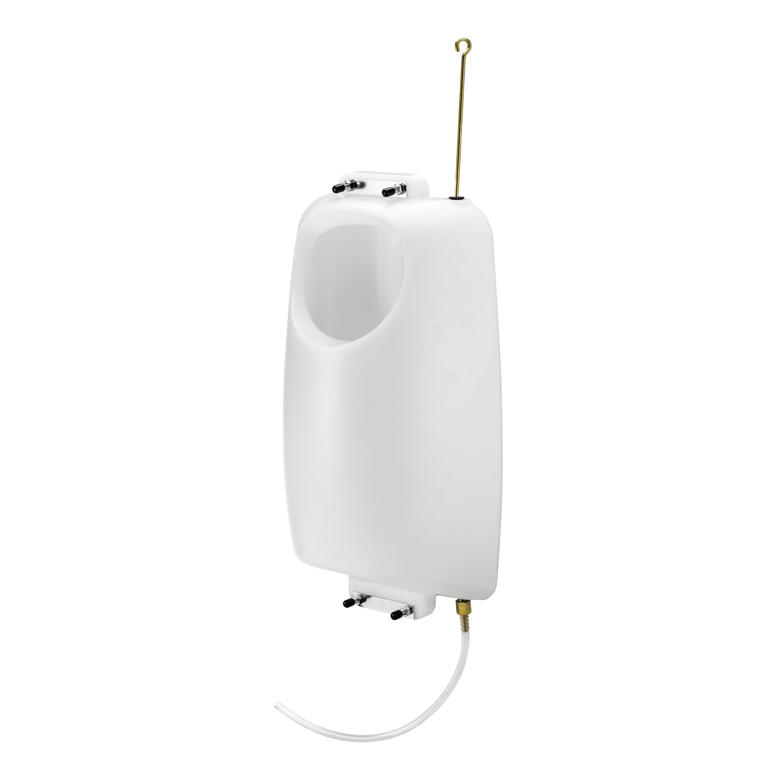 White Kärcher water tank with a curved top, hose attachment at the bottom, and a vertical metal rod on the side. White Kärcher water tank with a curved top, hose attachment at the bottom, and a vertical metal rod on the side.