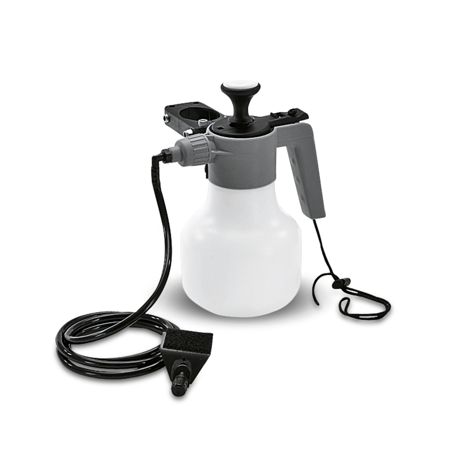 Kärcher foam nozzle with a white container, grey handle, and attached black hose.