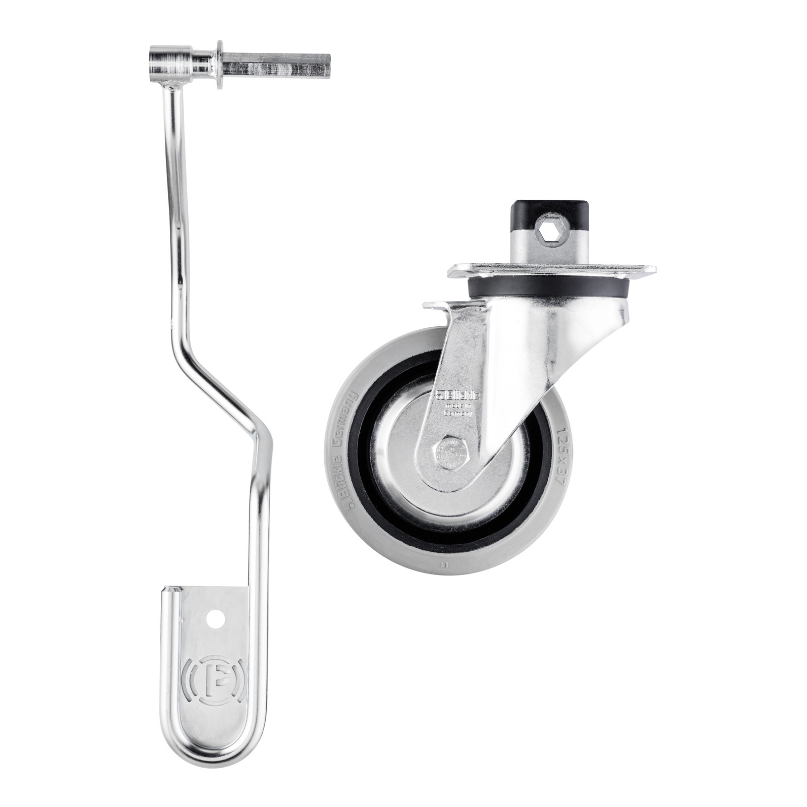 Metal caster wheel and bracket with a curved handle, both in silver finish, isolated on a white background. Metal caster wheel and bracket with a curved handle, both in silver finish, isolated on a white background.