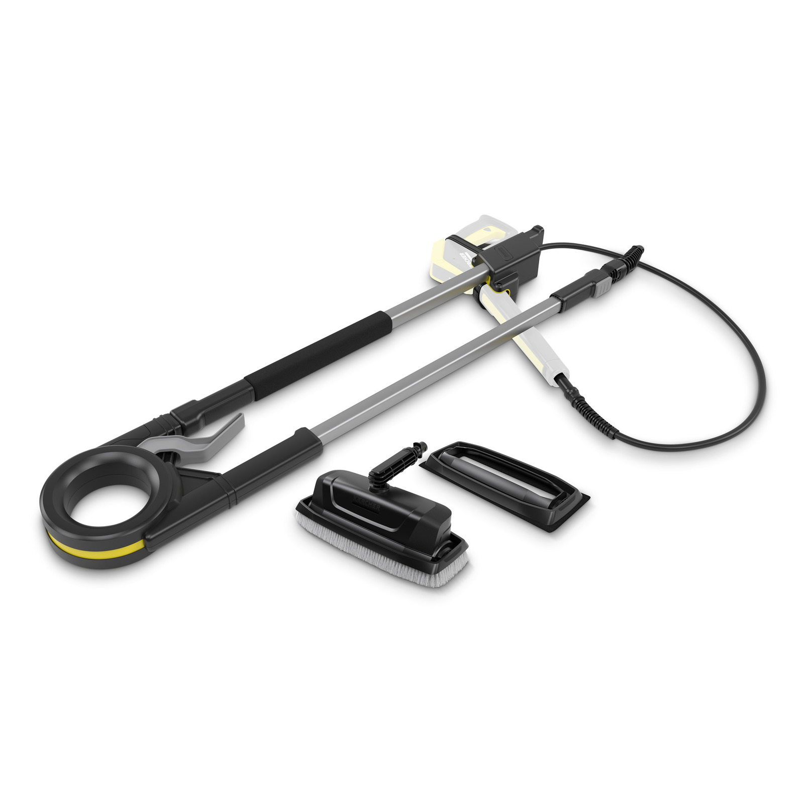 Kärcher telescopic lance with a brush attachment and a black rectangular accessory on a white background.