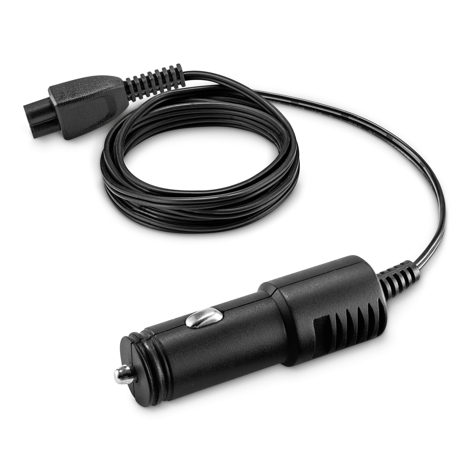 Black car charger cable with coiled wire and plug connector, set against a white background. Black car charger cable with coiled wire and plug connector, set against a white background.