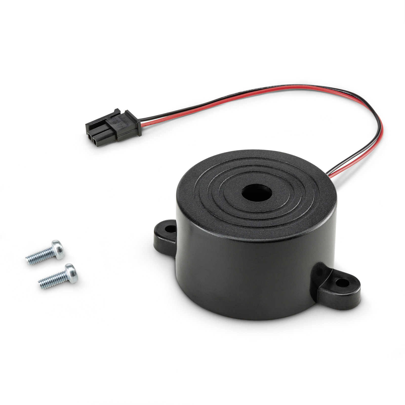 Black circular sensor with two mounting holes, attached wires, and two screws on a white background.