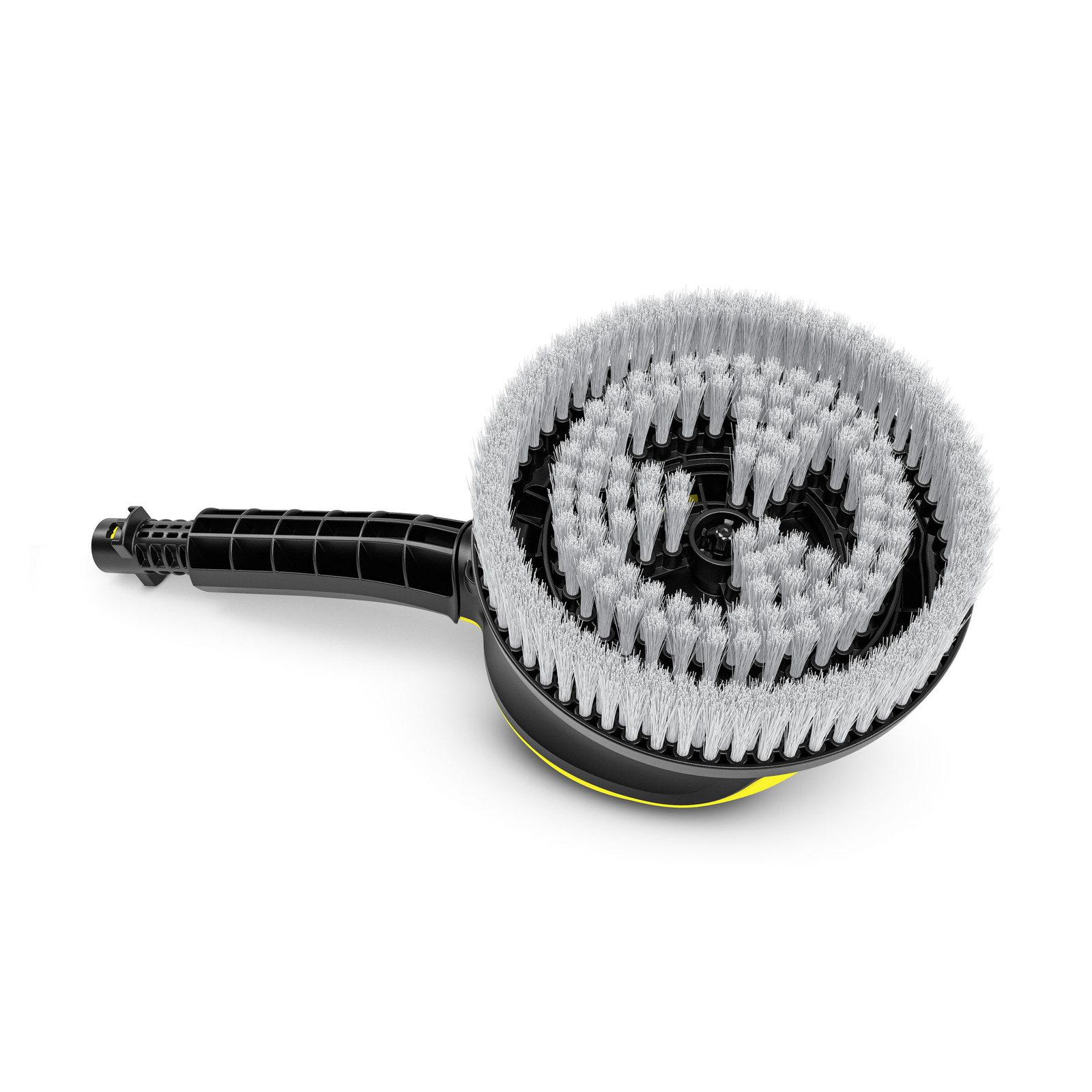 Kärcher rotating wash brush with grey bristles and black handle, viewed from above on a white background. Kärcher rotating wash brush with grey bristles and black handle, viewed from above on a white background.