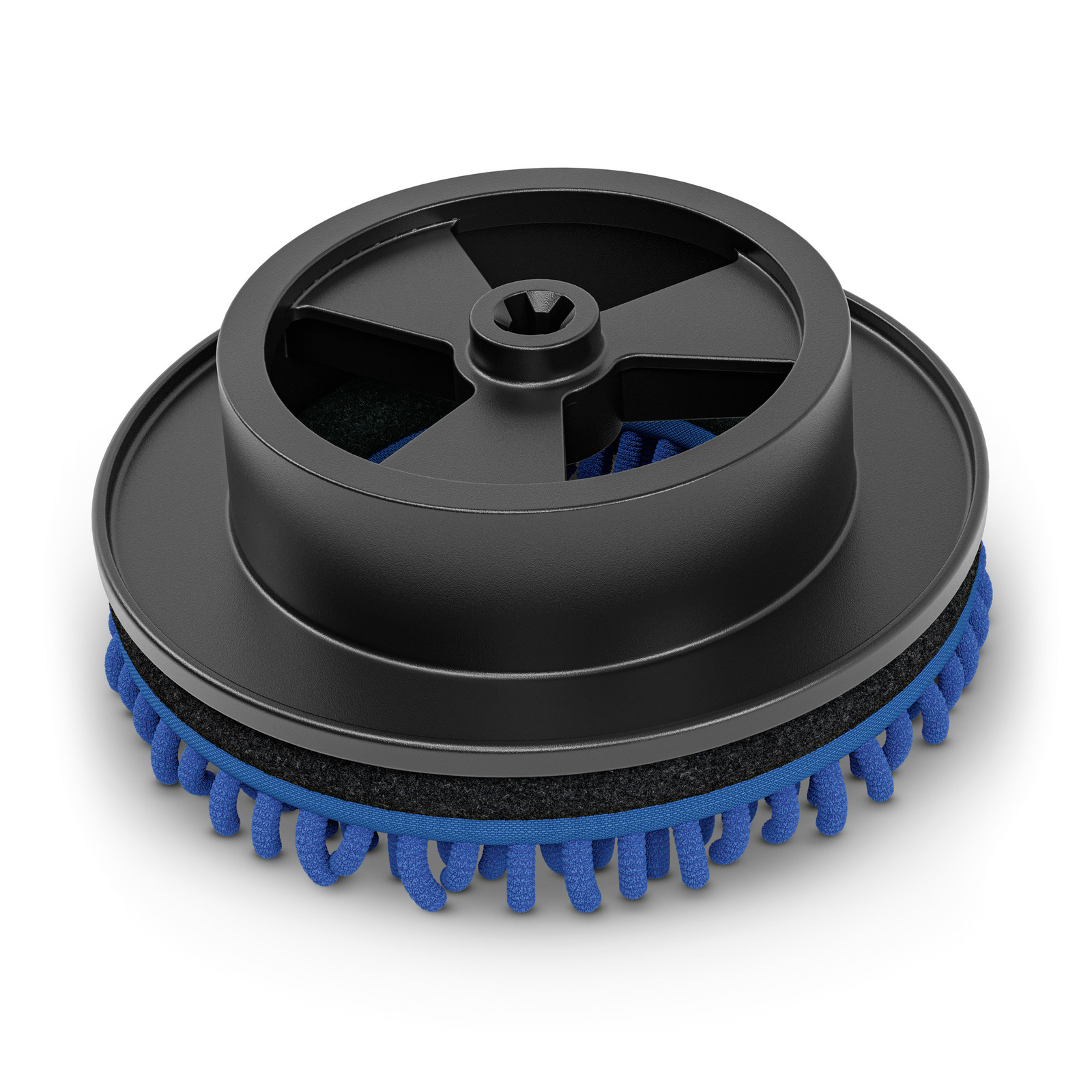 Black Kärcher rotating brush with blue bristles and black foam pad, viewed from above. Black Kärcher rotating brush with blue bristles and black foam pad, viewed from above.