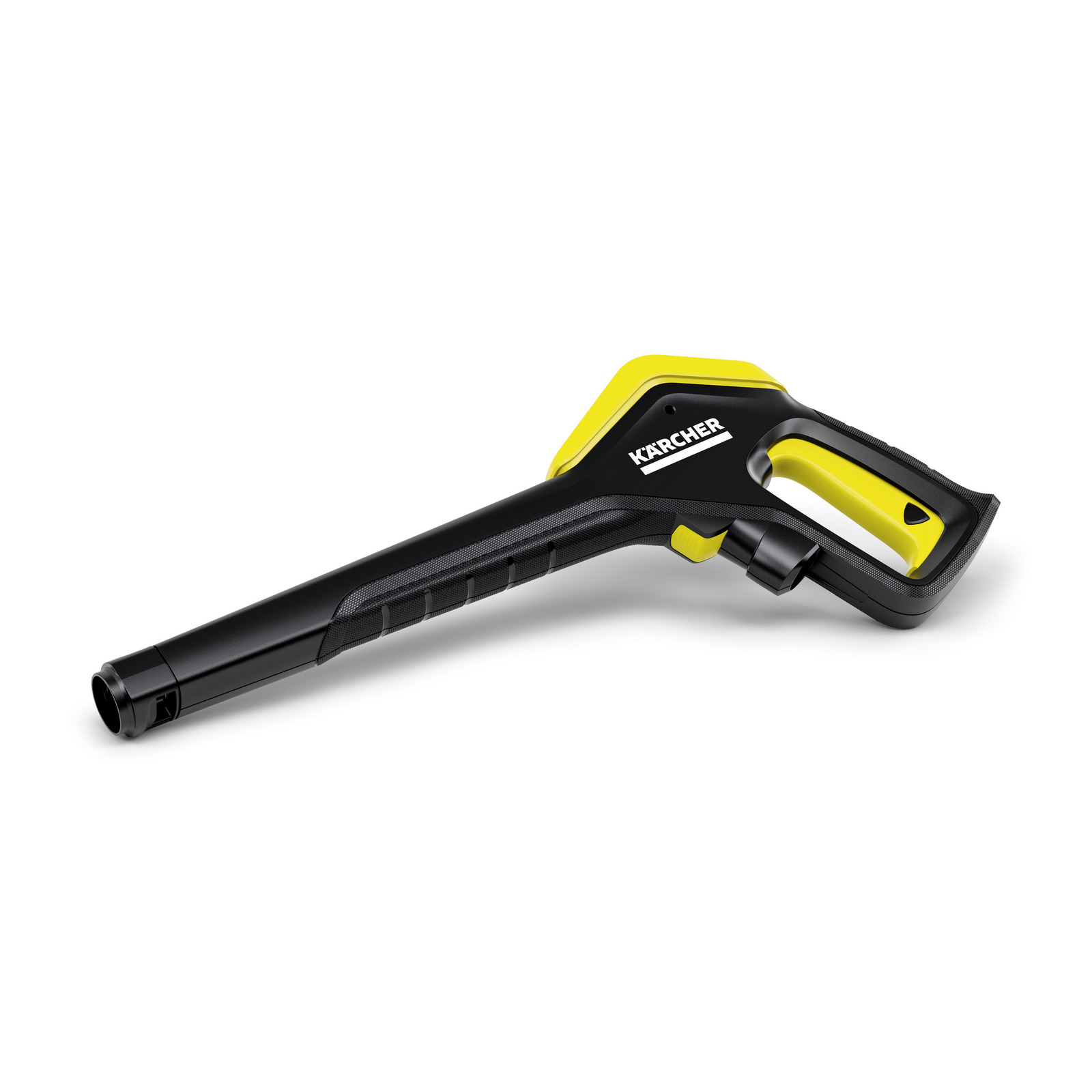 Kärcher high-pressure cleaner trigger gun with black and yellow design, angled view. Kärcher high-pressure cleaner trigger gun with black and yellow design, angled view.