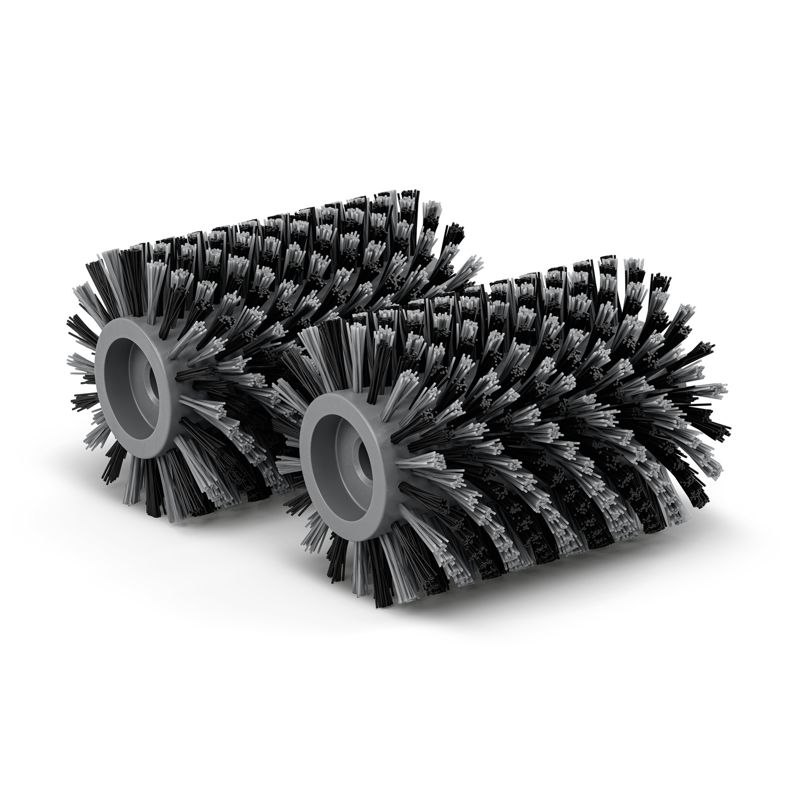 Two cylindrical brush rollers with grey and black bristles, positioned side by side on a white background. Two cylindrical brush rollers with grey and black bristles, positioned side by side on a white background.
