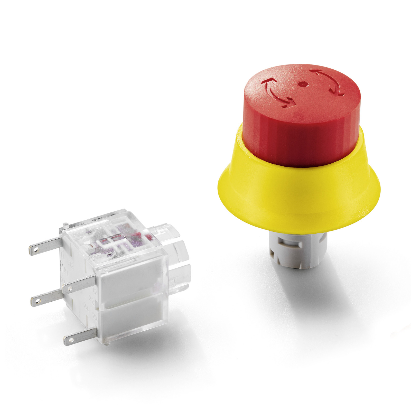 Red emergency stop button with yellow base next to a transparent electrical connector on a white background. Red emergency stop button with yellow base next to a transparent electrical connector on a white background.