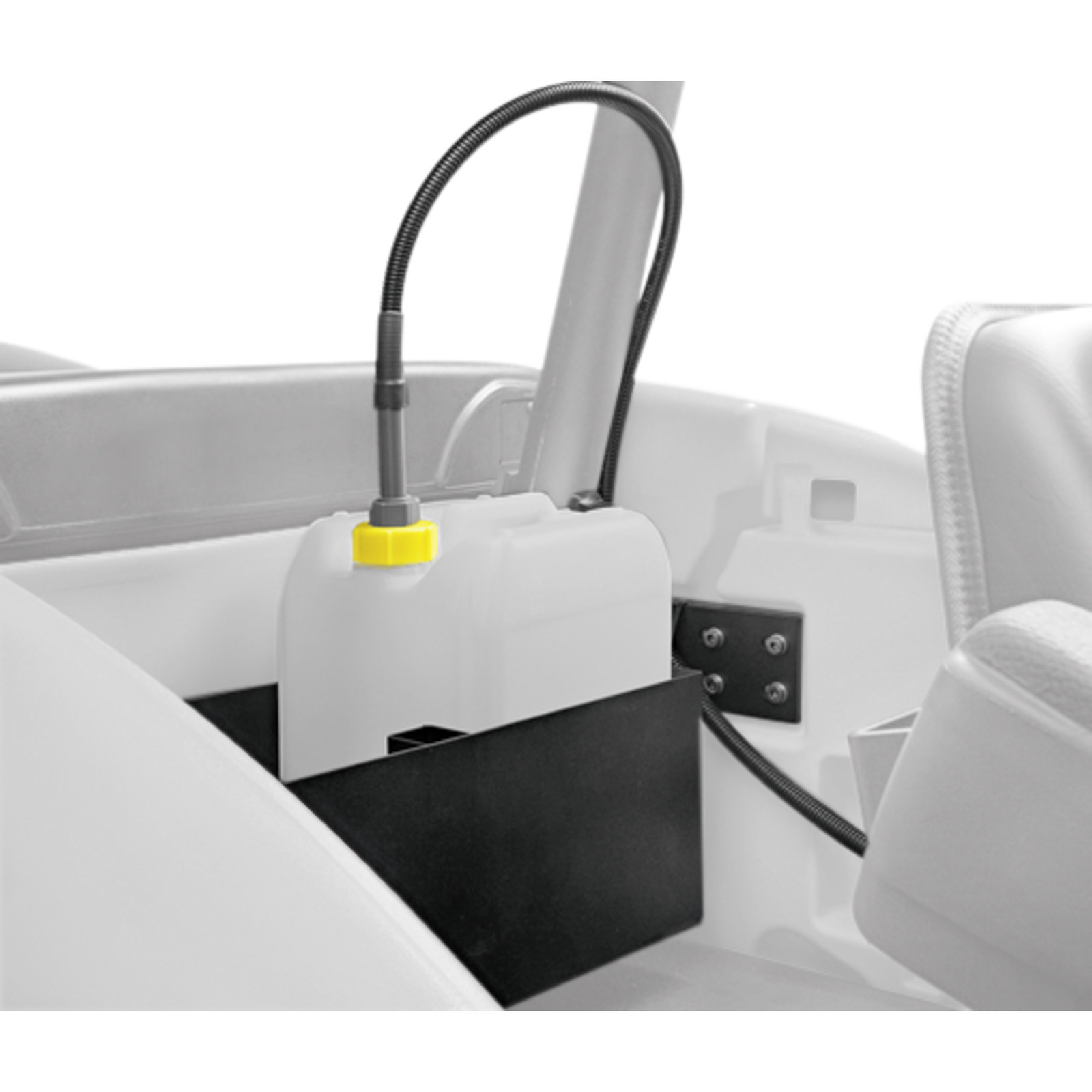 White plastic container with a yellow cap and attached hose, secured in a black holder within a grey interior setting. White plastic container with a yellow cap and attached hose, secured in a black holder within a grey interior setting.