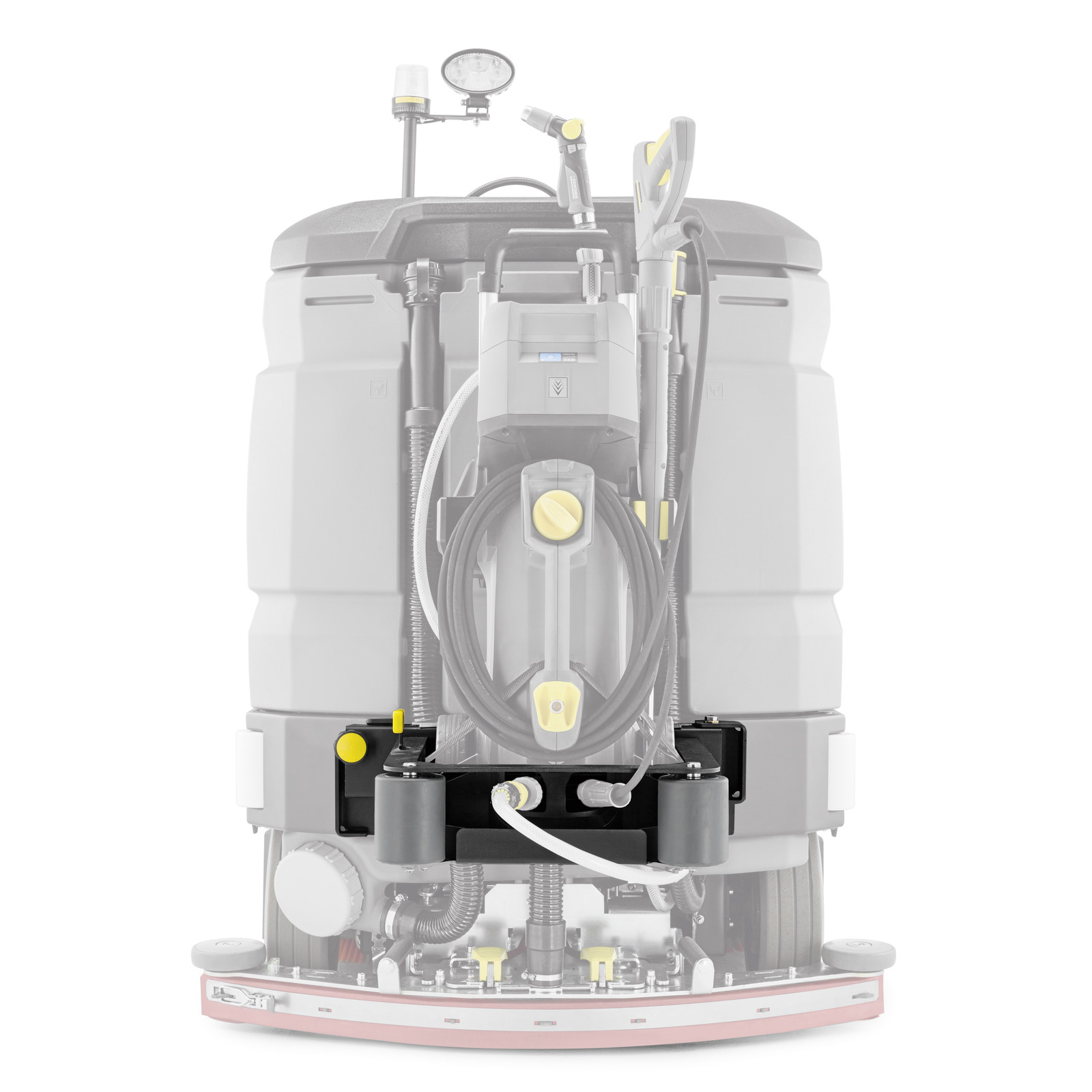 Kärcher scrubber dryer with visible hoses, gauges, and cleaning components, set against a white background.