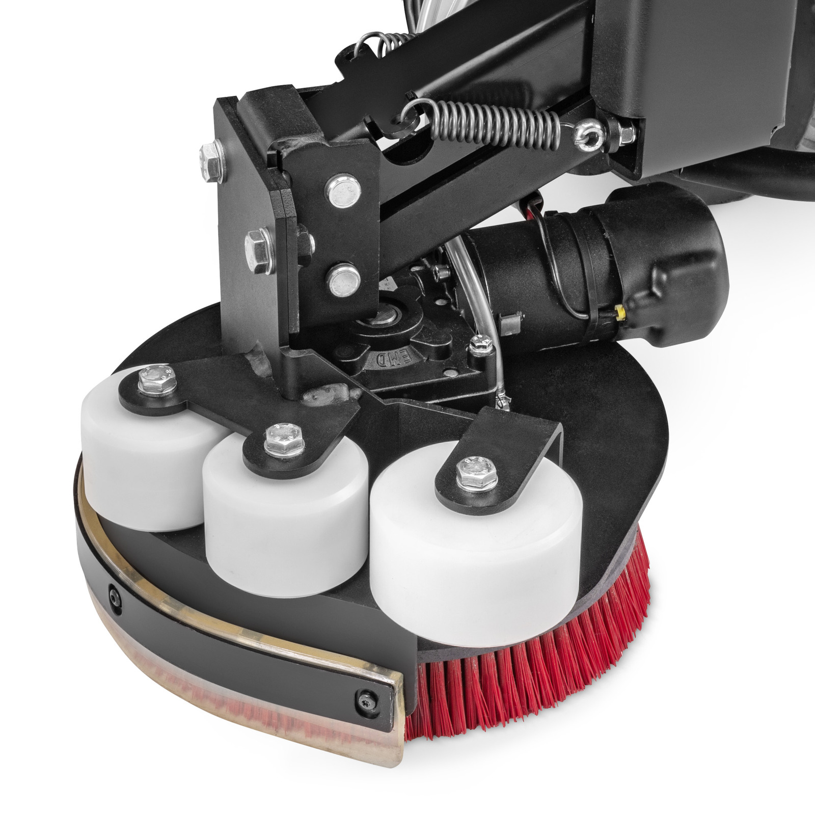 Close-up of a Kärcher floor scrubber head with red bristles, white rollers, and black metal components.