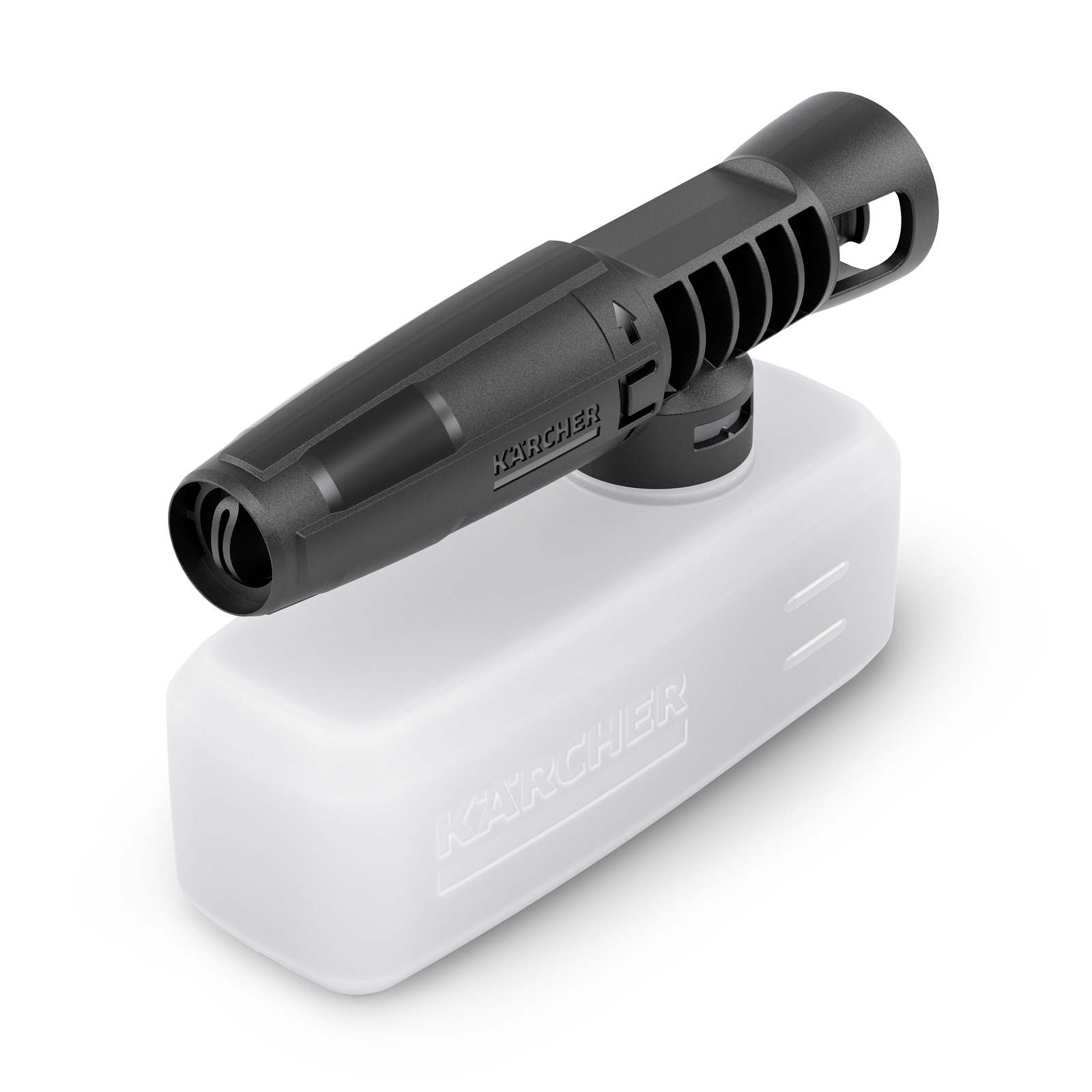 Kärcher foam nozzle attached to a white detergent bottle, featuring a sleek black design.