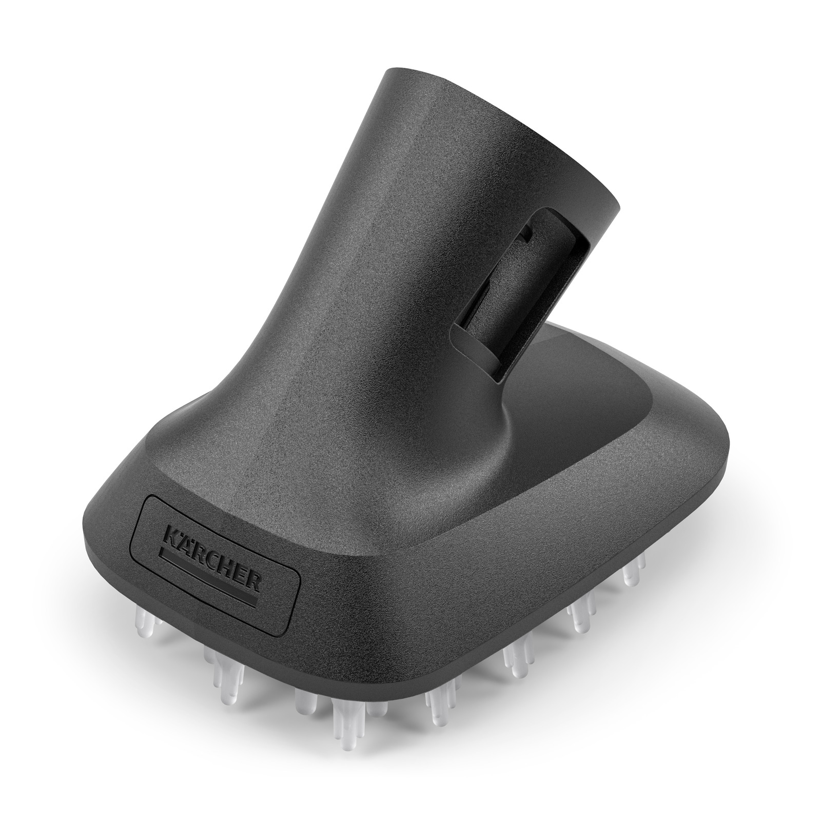 Kärcher upholstery nozzle with bristles, angled view, black plastic design.