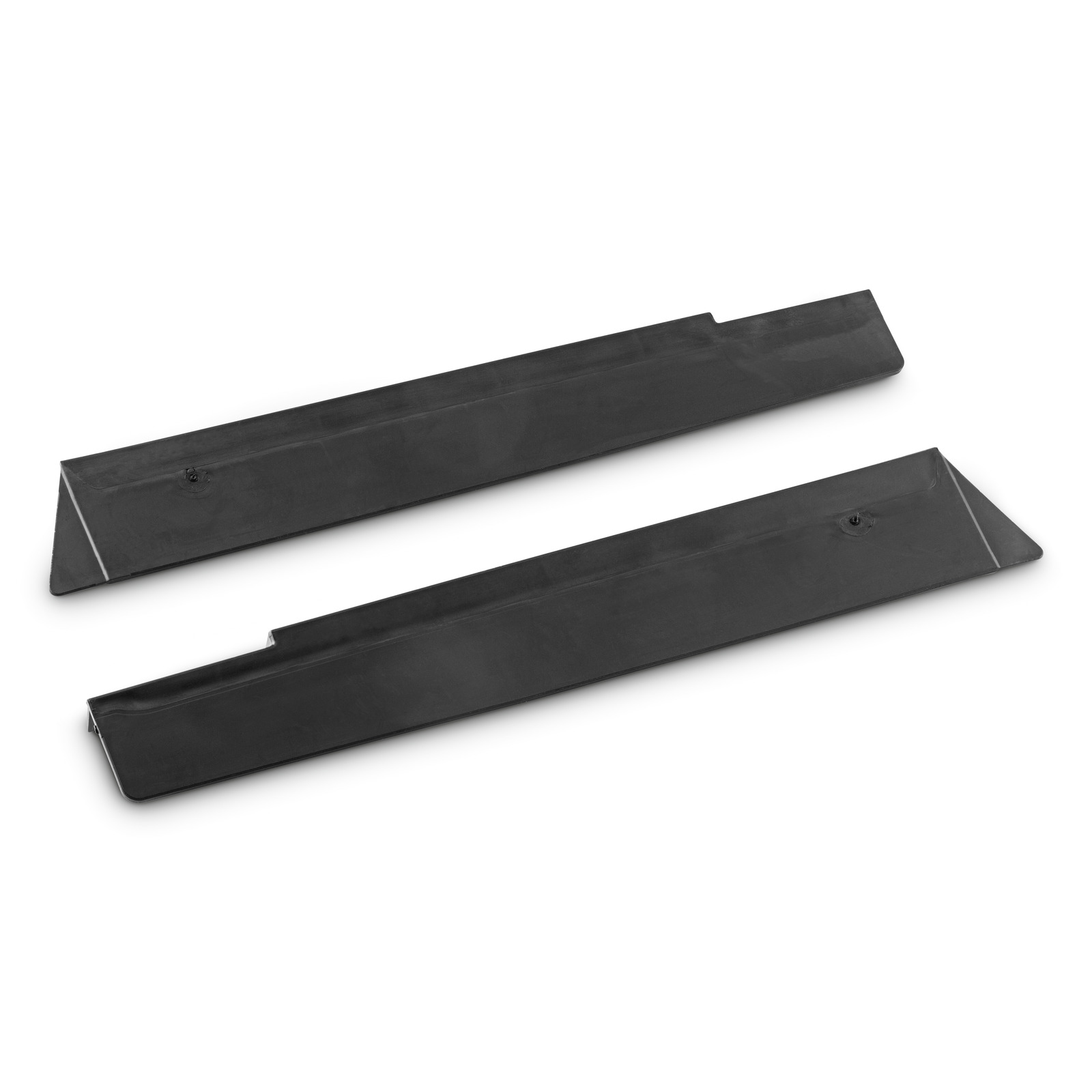 Two black rubber squeegee blades, angled, lying parallel on a white background. Two black rubber squeegee blades, angled, lying parallel on a white background.
