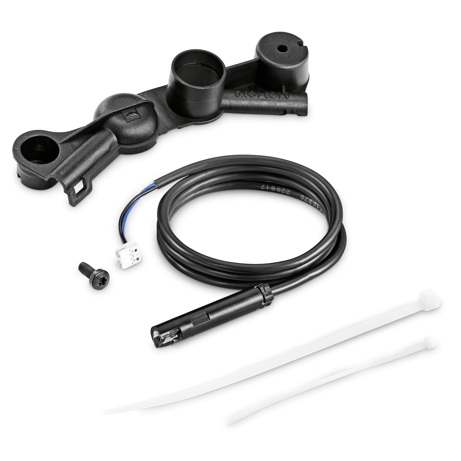 Kärcher accessory kit with black cable, mounting bracket, two white cable ties, and screws on a white background. Kärcher accessory kit with black cable, mounting bracket, two white cable ties, and screws on a white background.