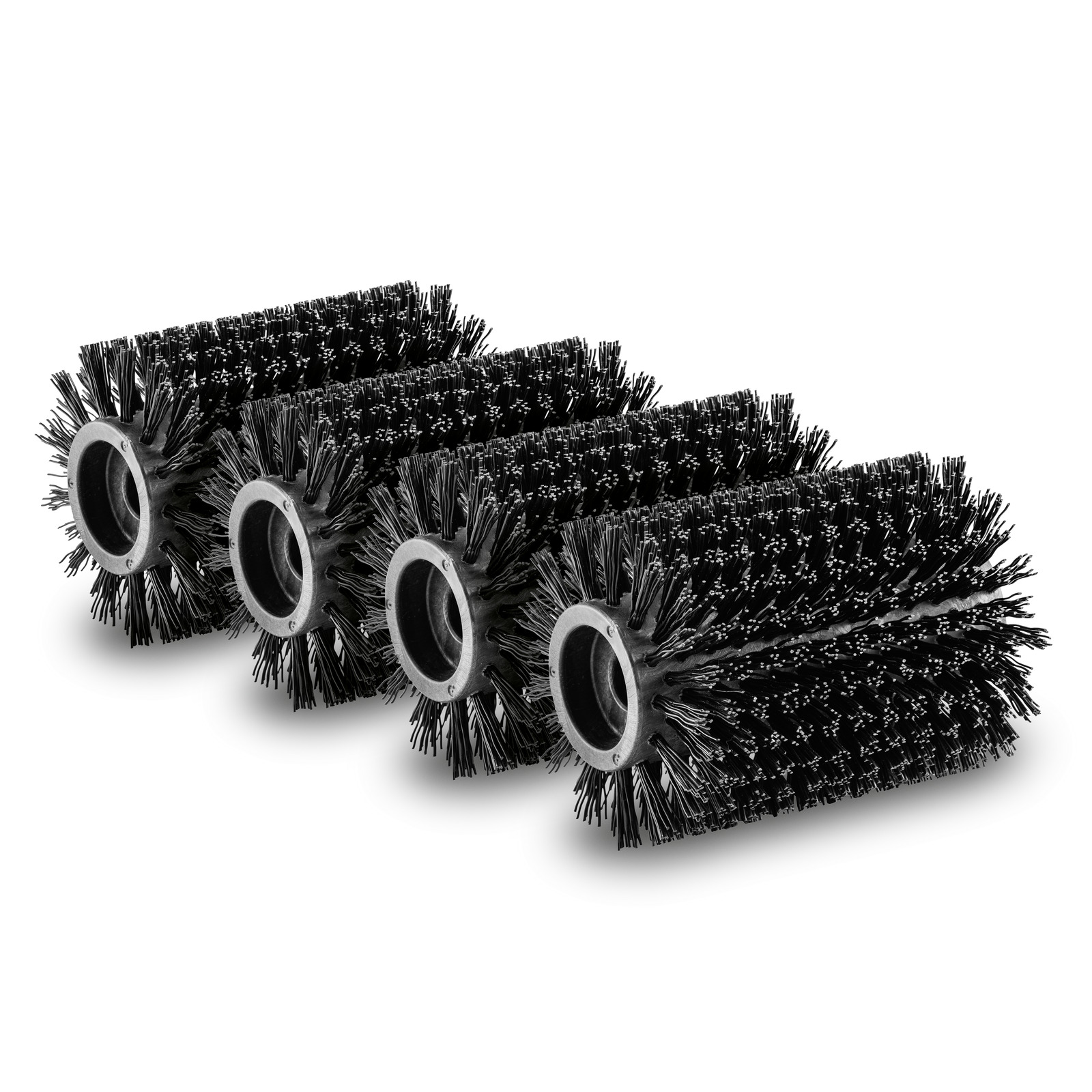 Four black cylindrical brush rollers with dense bristles, aligned in a row on a white background. Four black cylindrical brush rollers with dense bristles, aligned in a row on a white background.