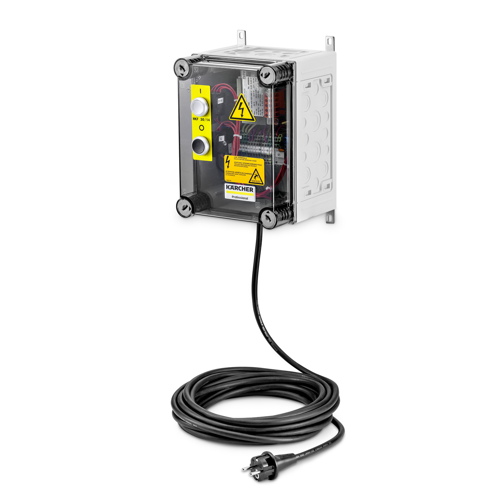 Kärcher electrical control box with visible wiring, yellow warning labels, and a long black power cable. Kärcher electrical control box with visible wiring, yellow warning labels, and a long black power cable.