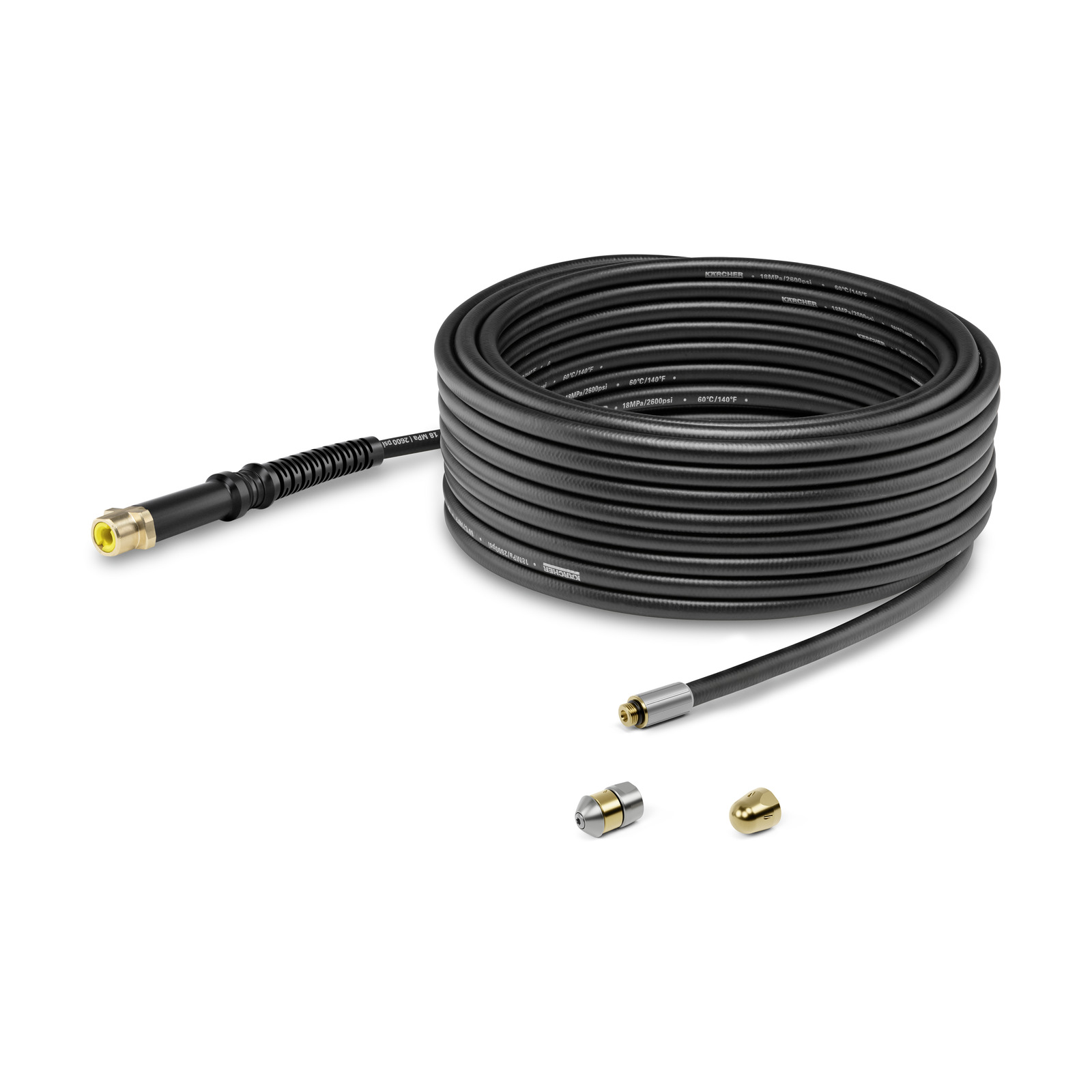 Coiled Kärcher high-pressure cleaner hose with two nozzle attachments on a white background. Coiled Kärcher high-pressure cleaner hose with two nozzle attachments on a white background.