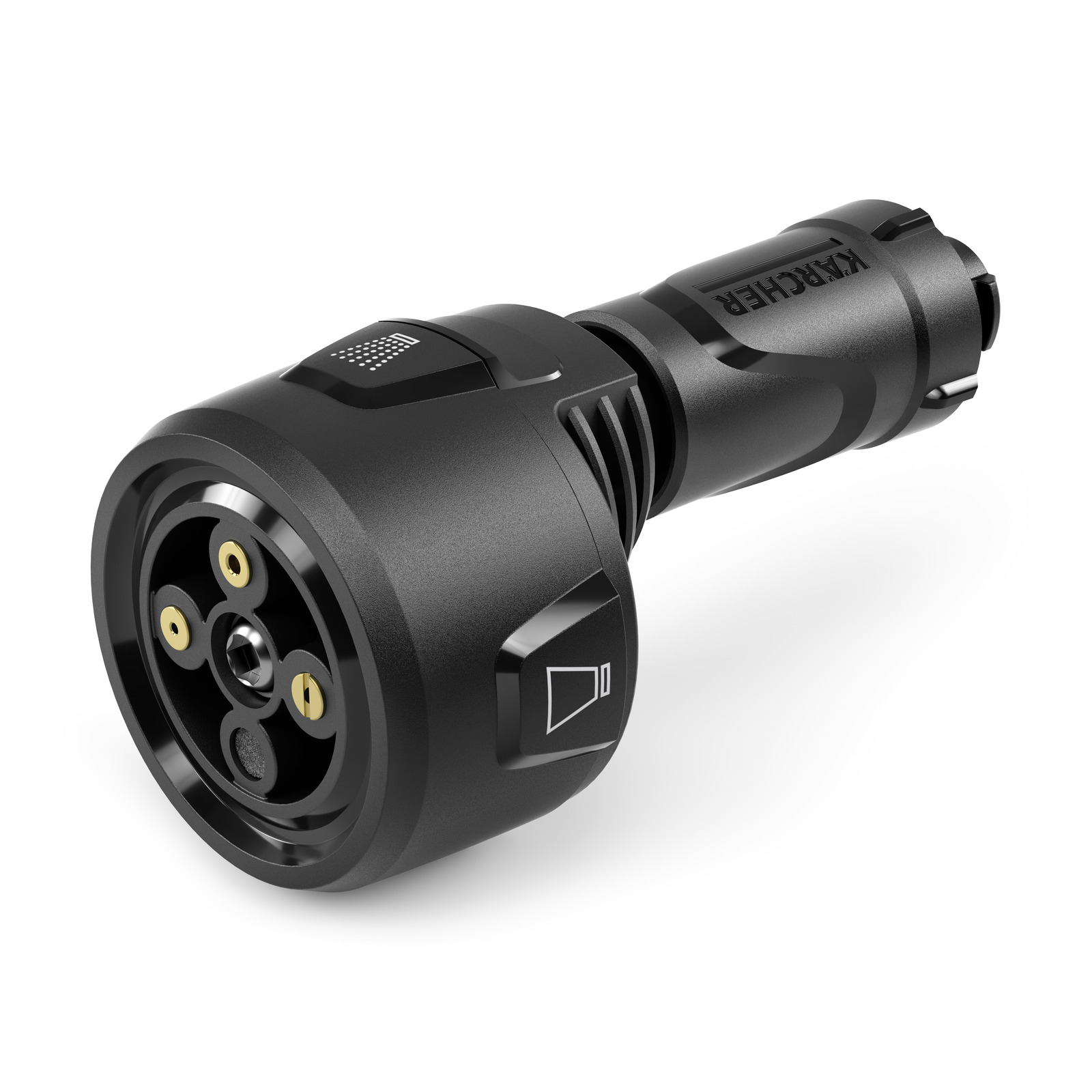 Kärcher high-pressure cleaner nozzle, black with gold accents, featuring adjustable settings and ergonomic design.
