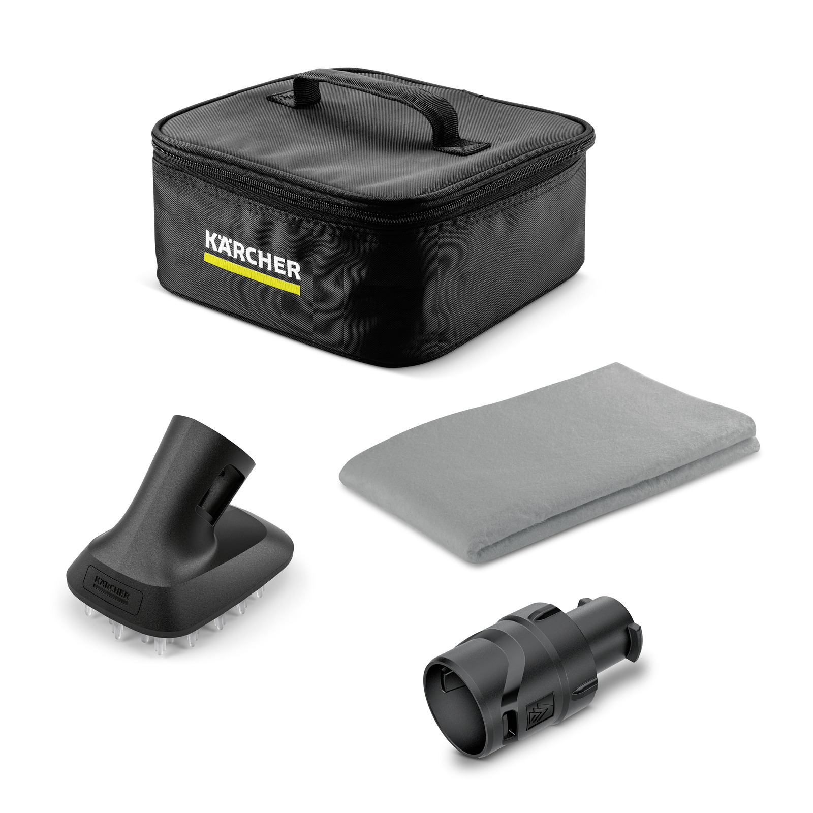 Kärcher accessory kit with a black carrying case, grey cloth, nozzle attachment, and connector piece.