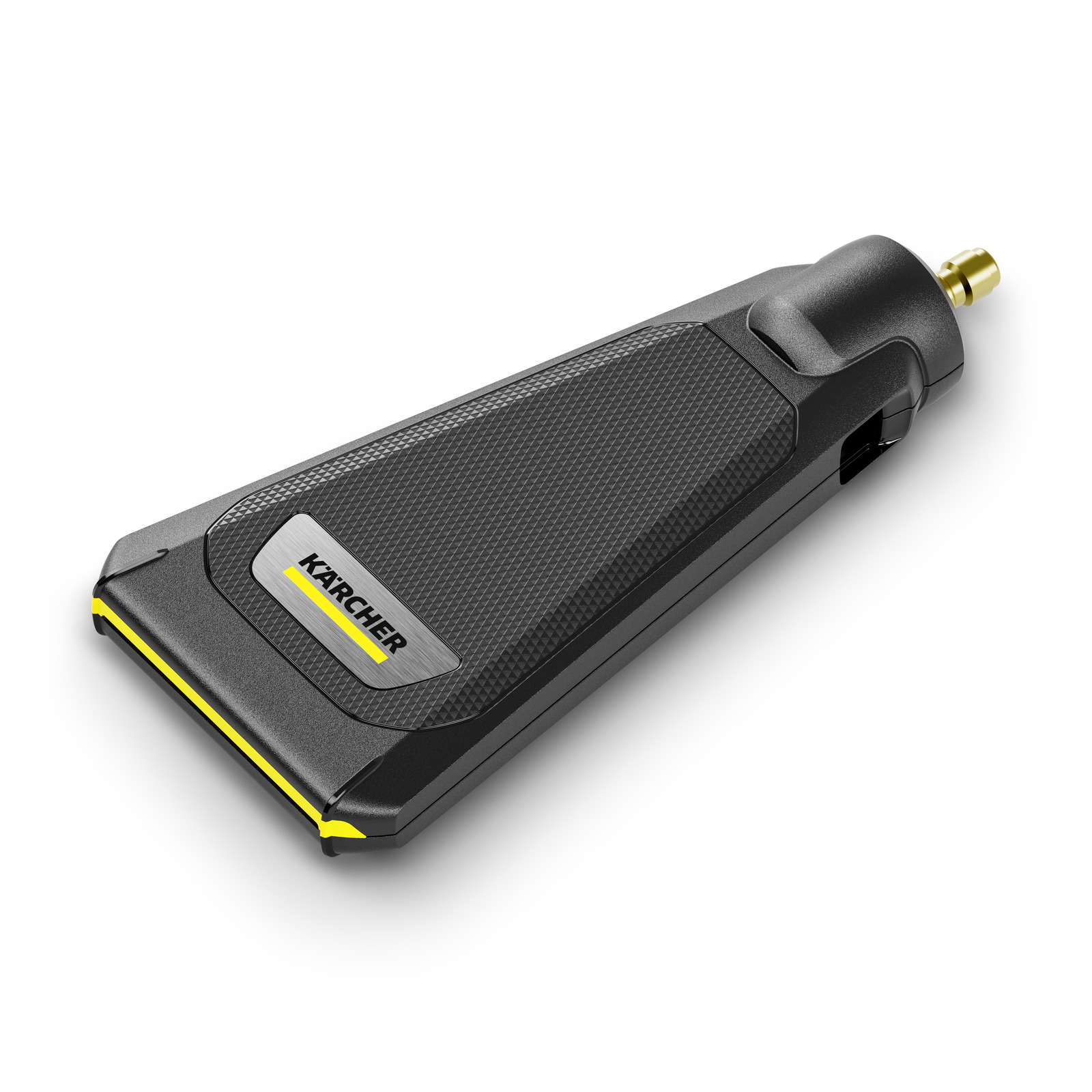 Kärcher nozzle attachment with textured black surface and yellow accents, featuring a brass connector.