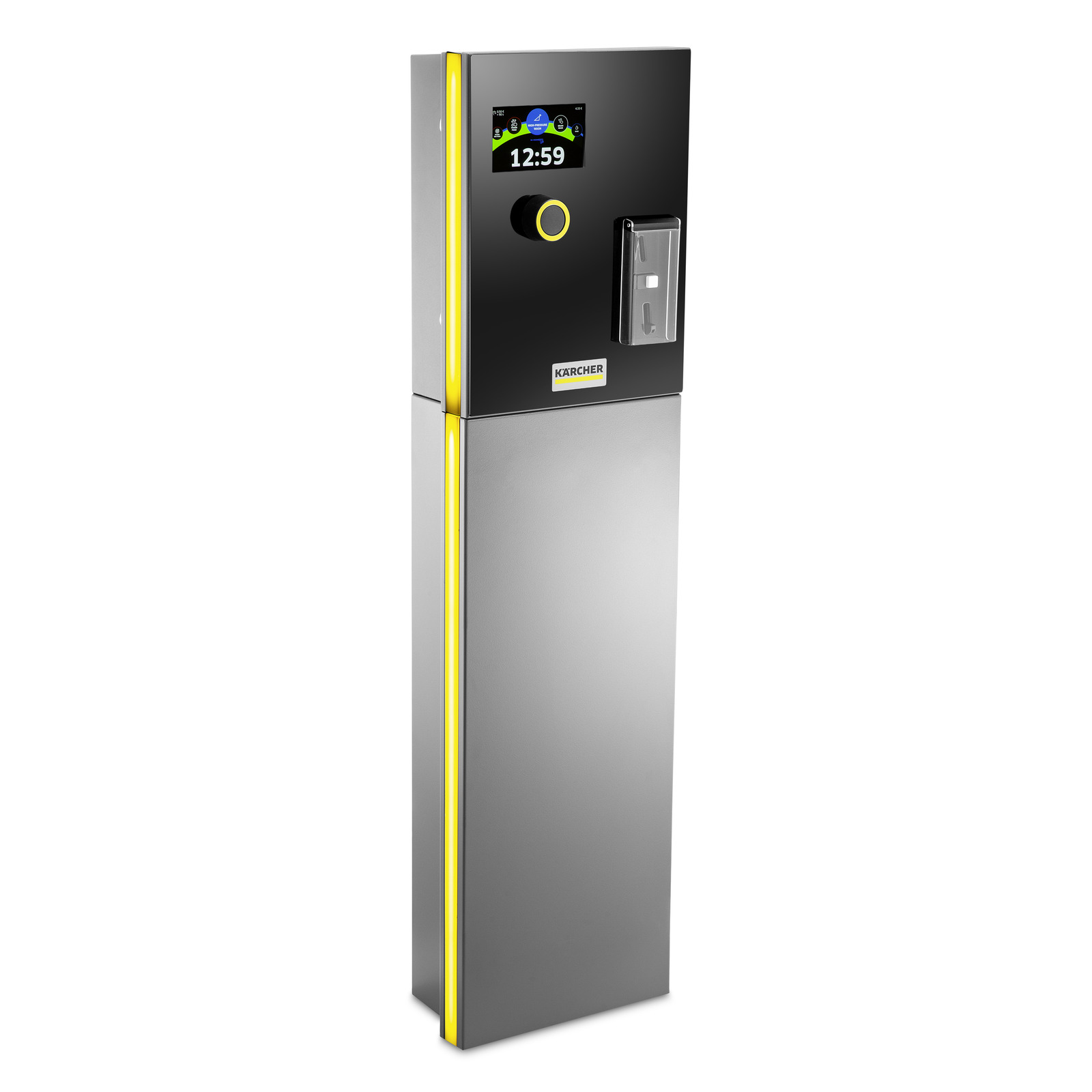 Tall, sleek Kärcher charging station with digital display and card reader, featuring a black and silver design with yellow accents. Tall, sleek Kärcher charging station with digital display and card reader, featuring a black and silver design with yellow accents.