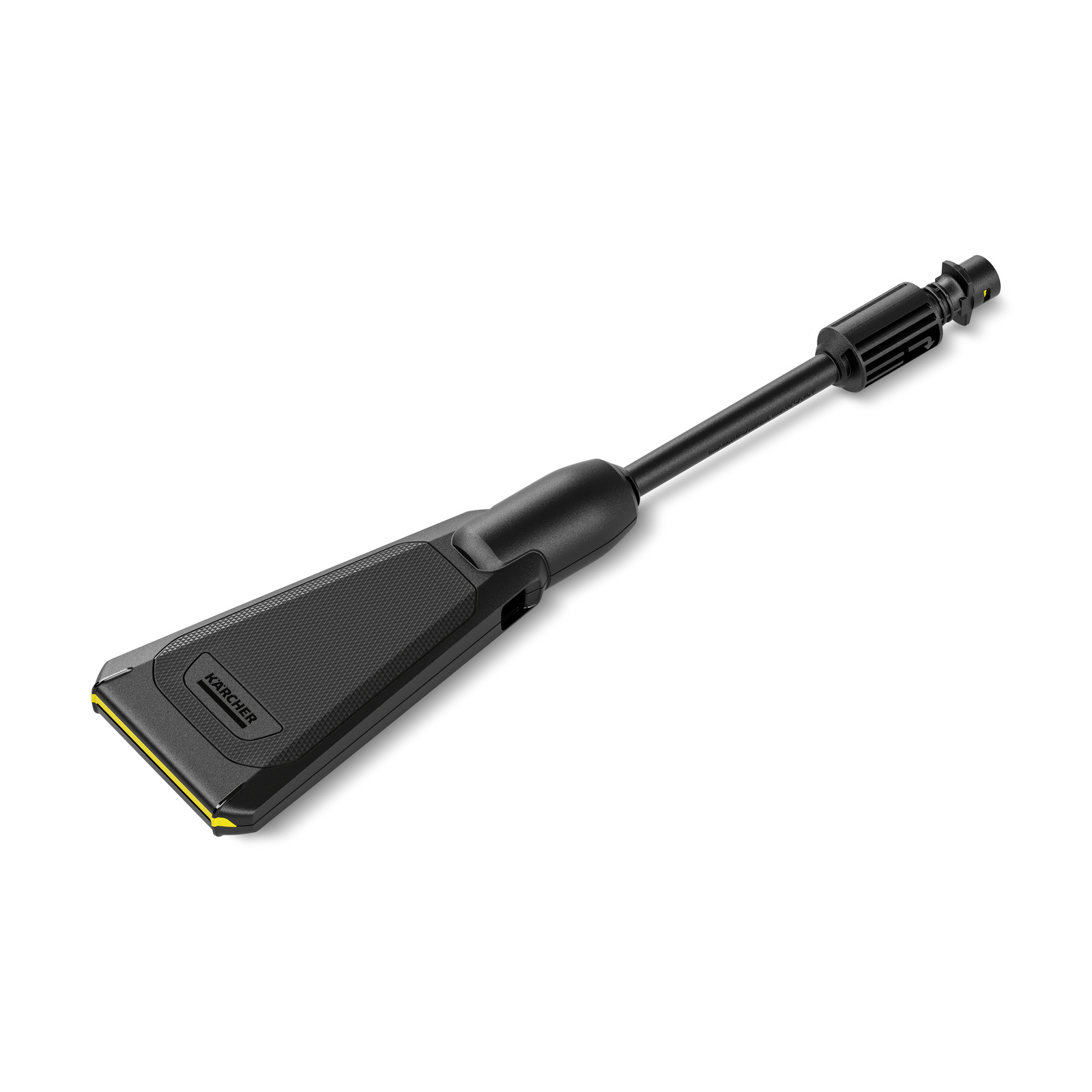 Kärcher high-pressure cleaner accessory with a long nozzle and textured grip, set against a white background. Kärcher high-pressure cleaner accessory with a long nozzle and textured grip, set against a white background.