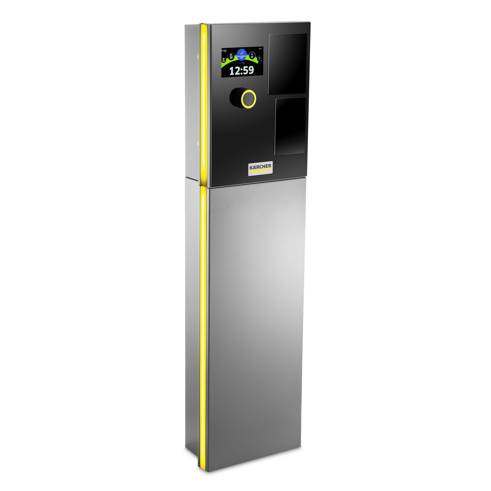Tall, sleek Kärcher charging station with a digital display showing the time, featuring a yellow accent stripe on the side.